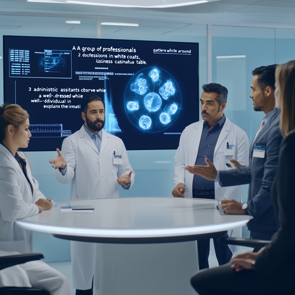 Doctors and administrators discuss brain scans on a screen in a medical meeting room.