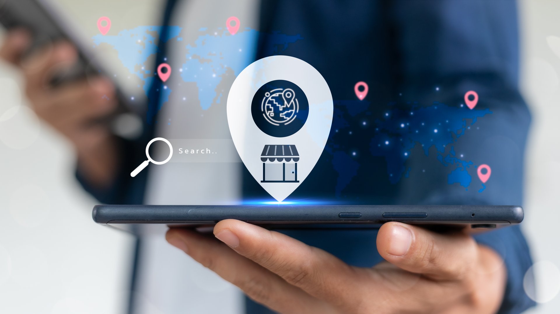 E-commerce business owner using mobile device to search for local marketplace locations on global digital map. Concept of online shopping, local business, and digital commerce strategy.