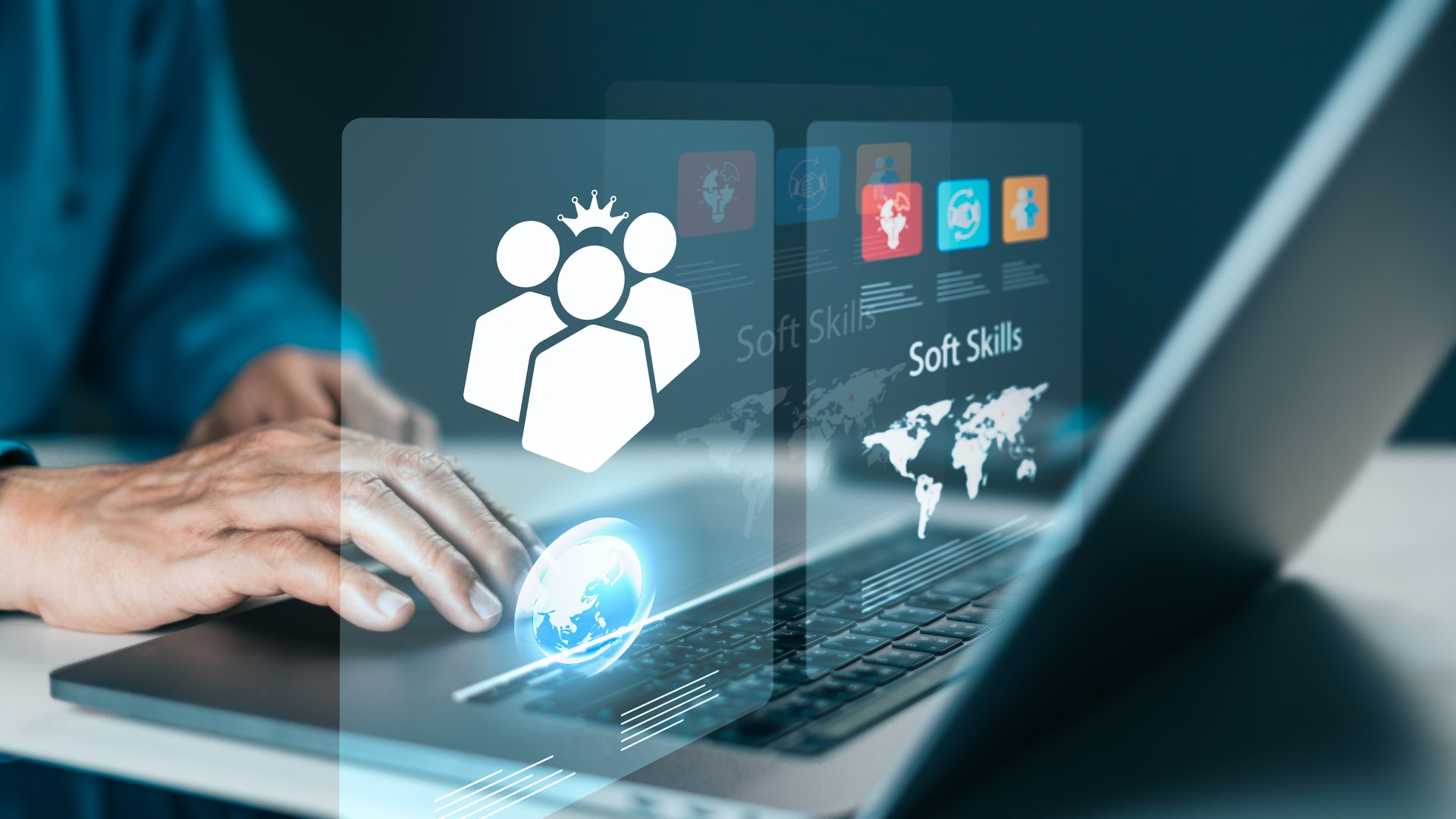 Hand over a laptop interacting with a virtual interface showing teamwork icons and Soft Skills. Improving communication, collaboration and leadership for professional and business success