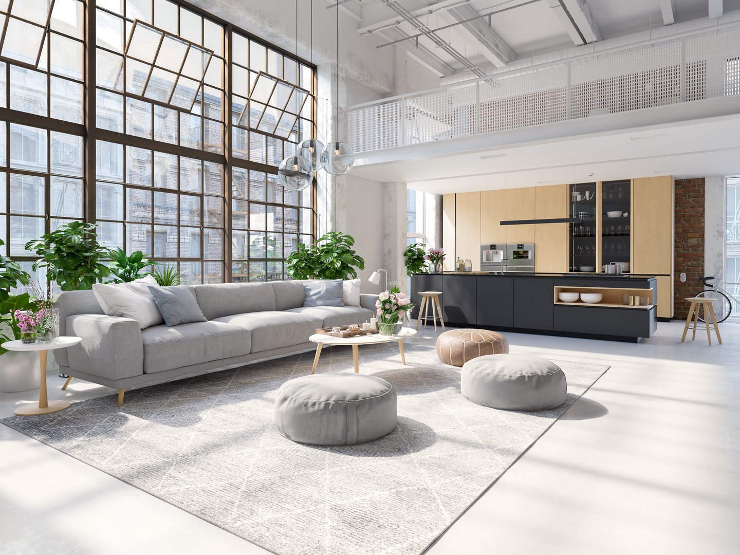3D-Illustration. loft apartment with living room and kitchen.