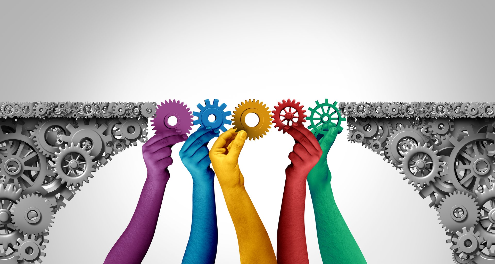 Business meeting idea and planning with strategy as a corporate concept with a mechanical wheel bridge as diverse multiracial businesspeople joining together as a symbol for people diversity and success with 3D render elements.