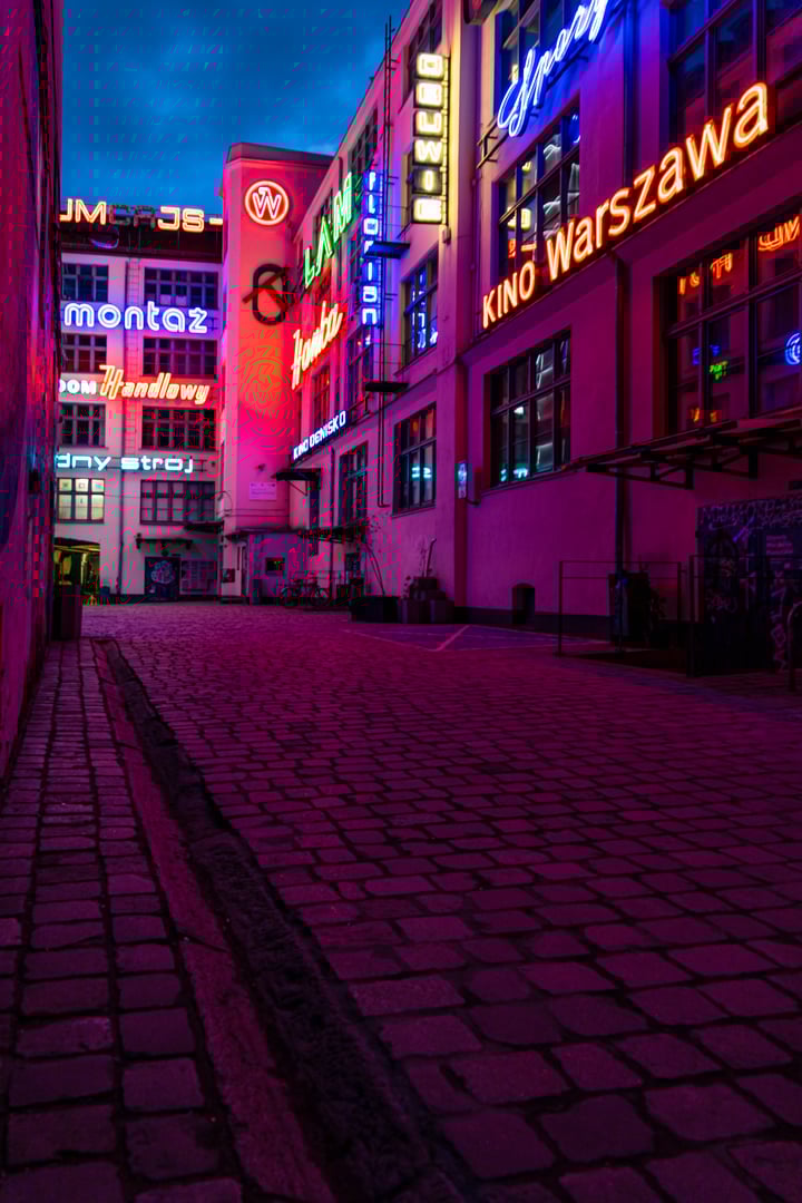 Wroclaw, Poland - January 2022: Colorful Neon side square with bars and party clubs