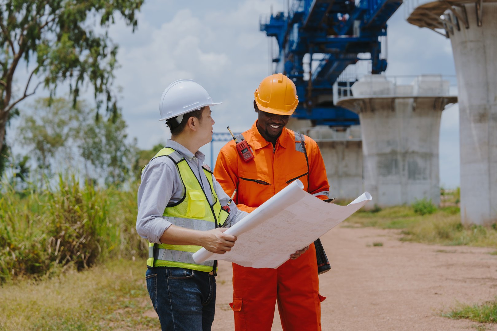Engineers supervising the construction of high-speed railway bridges and roads
