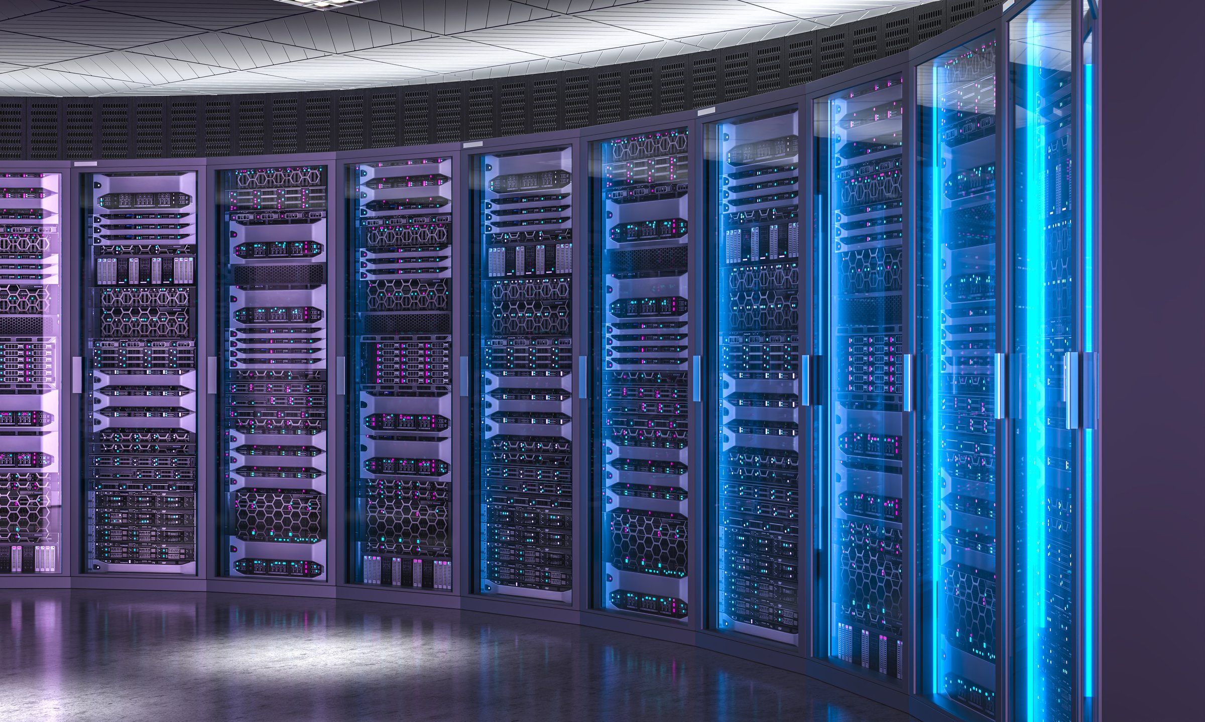 Modern server racks with glowing purple and blue lights, hosting big data in a data center 3d