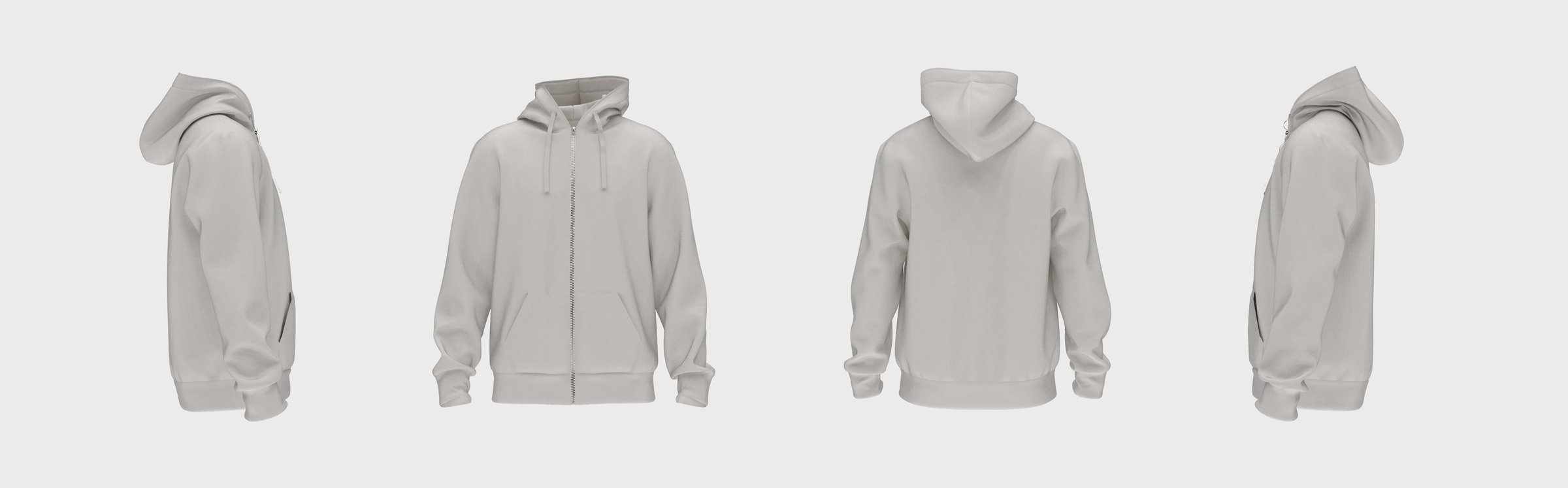 Collage of white hoodie mockups four side views. Unisex, blank design perfect for advertising, customization, and showcasing realistic fabric textures in e-commerce. 3d rendering image