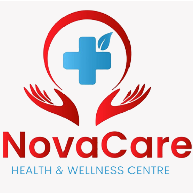 Logo of NovaCare Health &amp; Wellness Centre featuring a blue medical cross and red hands forming a heart shape.