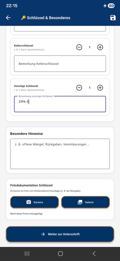 Wohnungsprotokoll App Screenshot - Schlüsselseite