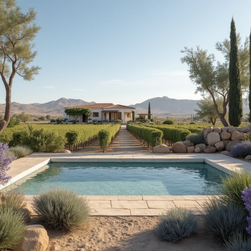 Rural house with a vineyard and pool, surrounded by trees and mountains in a sunny landscape.