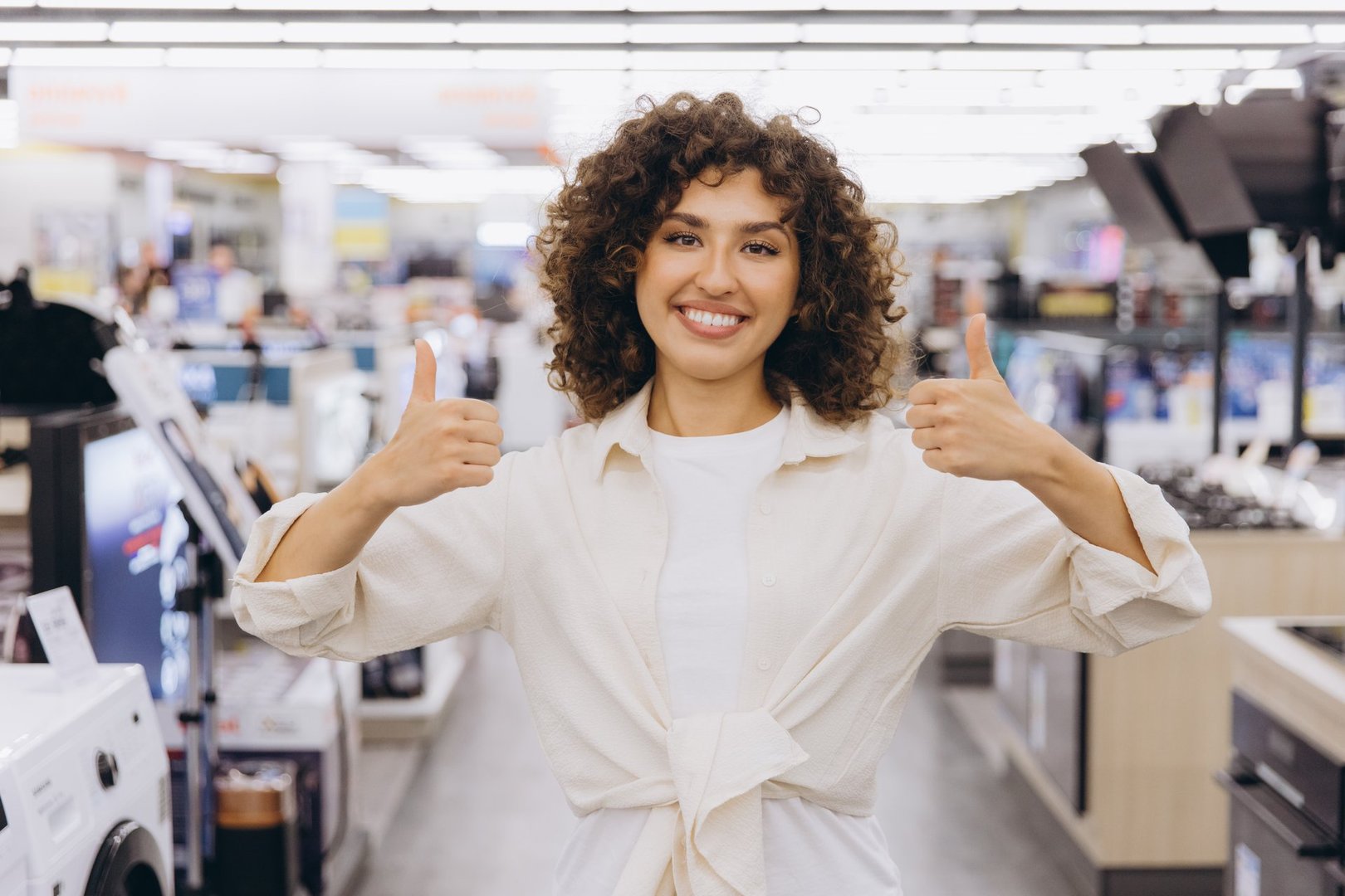 Smiling woman giving a thumbs up while shopping for household appliances in a retail store, radiating happiness and satisfaction