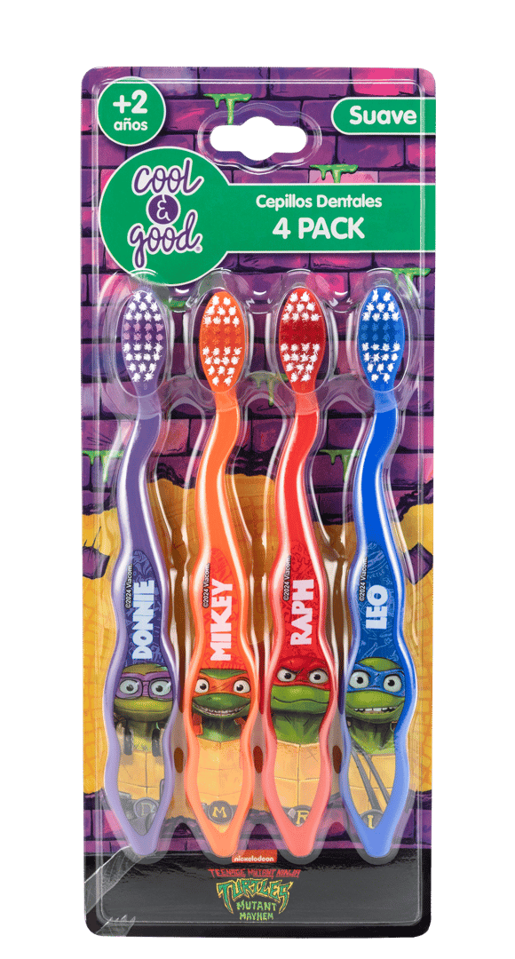 Set of four TMNT-themed children's toothbrushes in a blister pack