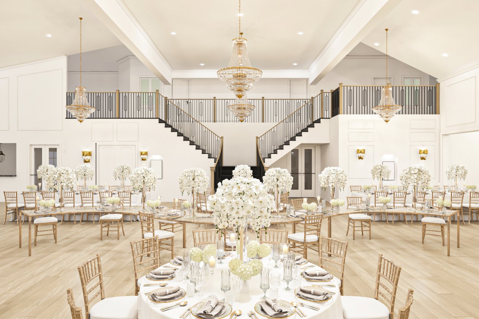Extravagant ballroom setup featuring white floral decor, golden chairs, ornate chandeliers, and majestic staircases, exuding elegance and sophistication, perfect for weddings, receptions, and formal events.