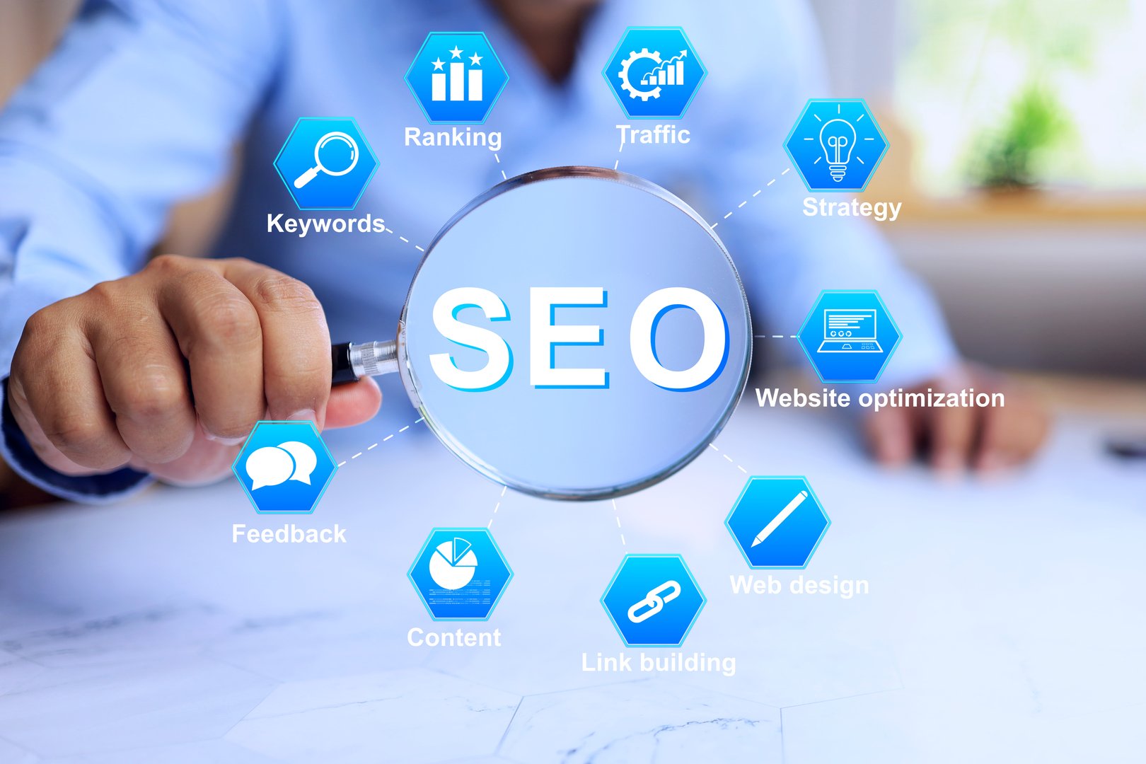 SEO search engine optimization concept with a businessman using a magnifying glass to improve a website visibility to higher on search engines leading to more user finding and visiting web page