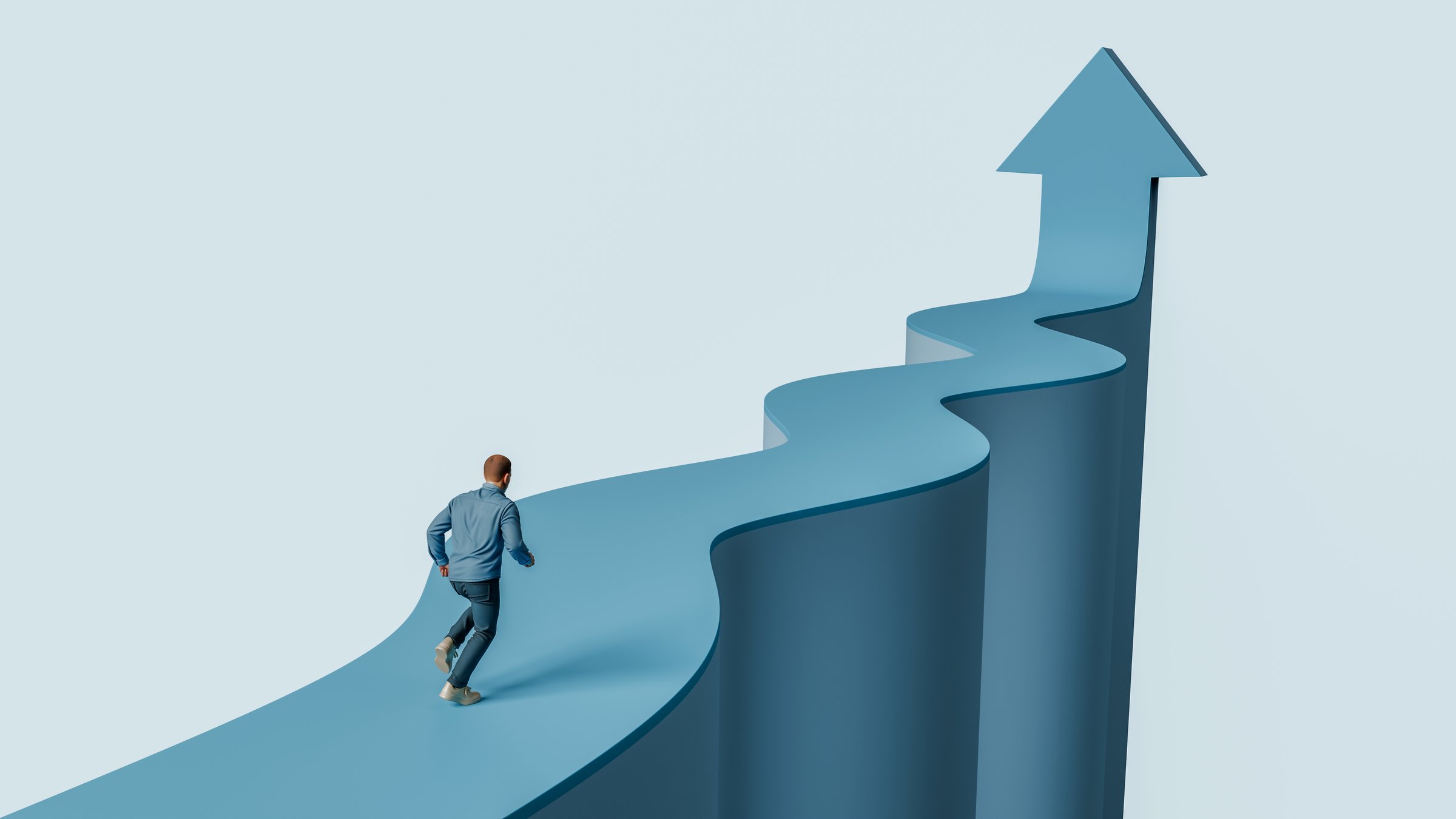Man Running Toward Success on Rising Winding Arrow Path - Career Growth and Upward Progress, 3D Render