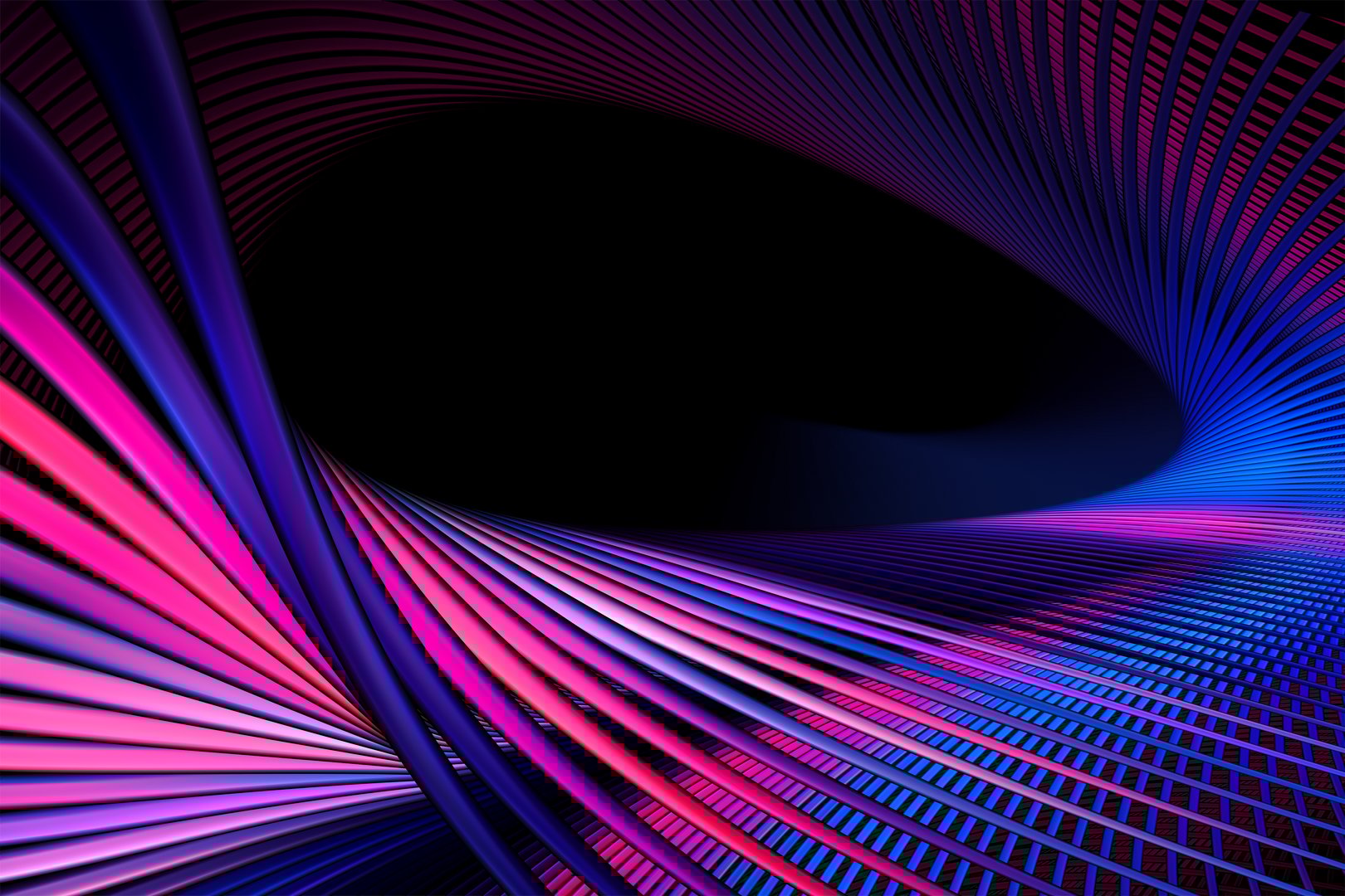 Abstract geometric neon lines background with copy space. Fractal render. Colorful glowing tubes.