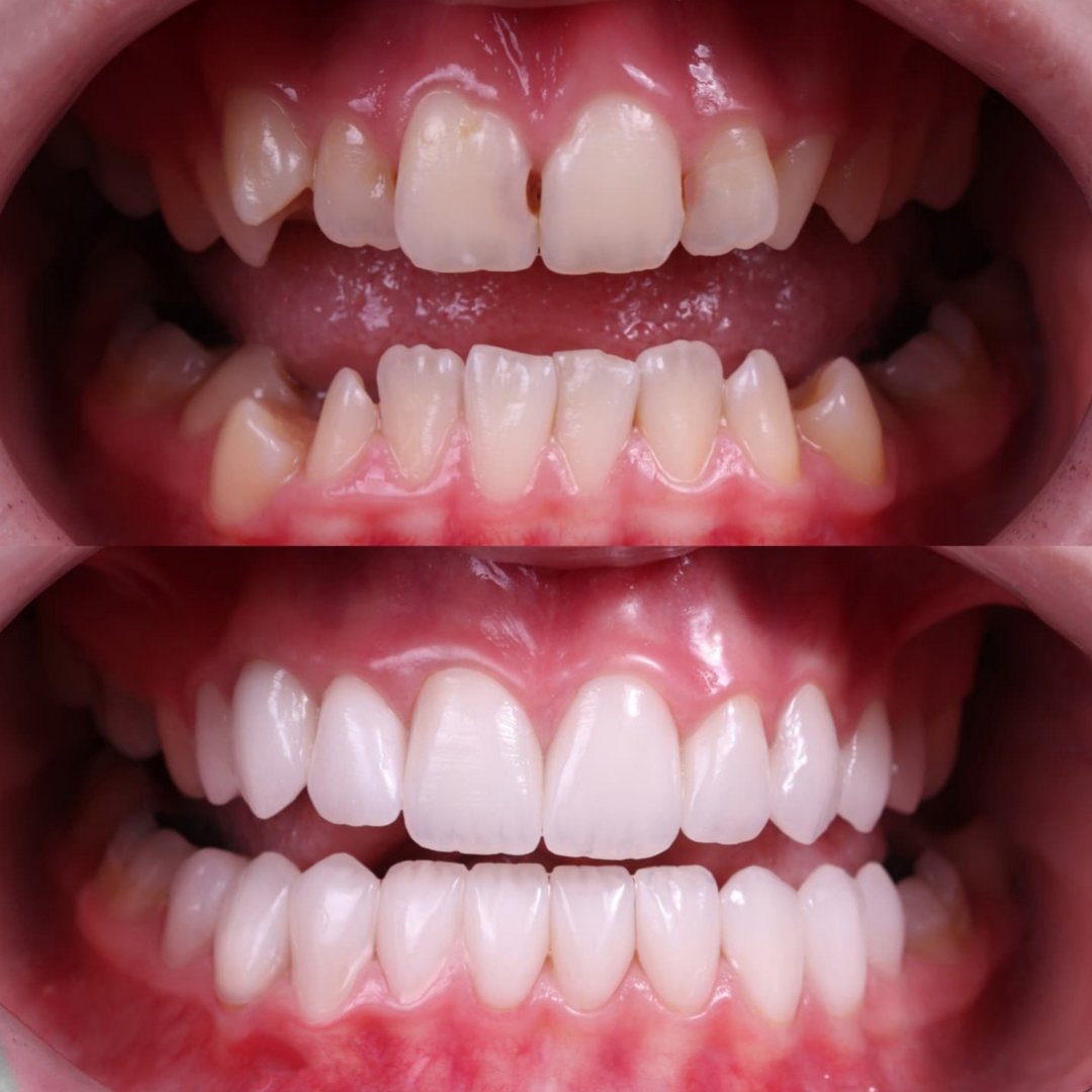 A realistic comparison of a woman's smile before and after professional teeth whitening treatment. The left side shows slightly yellowed teeth, while the right reveals a bright, polished smile. Ideal for illustrating dental care services, beauty transformations, and oral hygiene campaigns. The lighting and tone convey authenticity and trust, suitable for use in healthcare, beauty, and marketing visuals