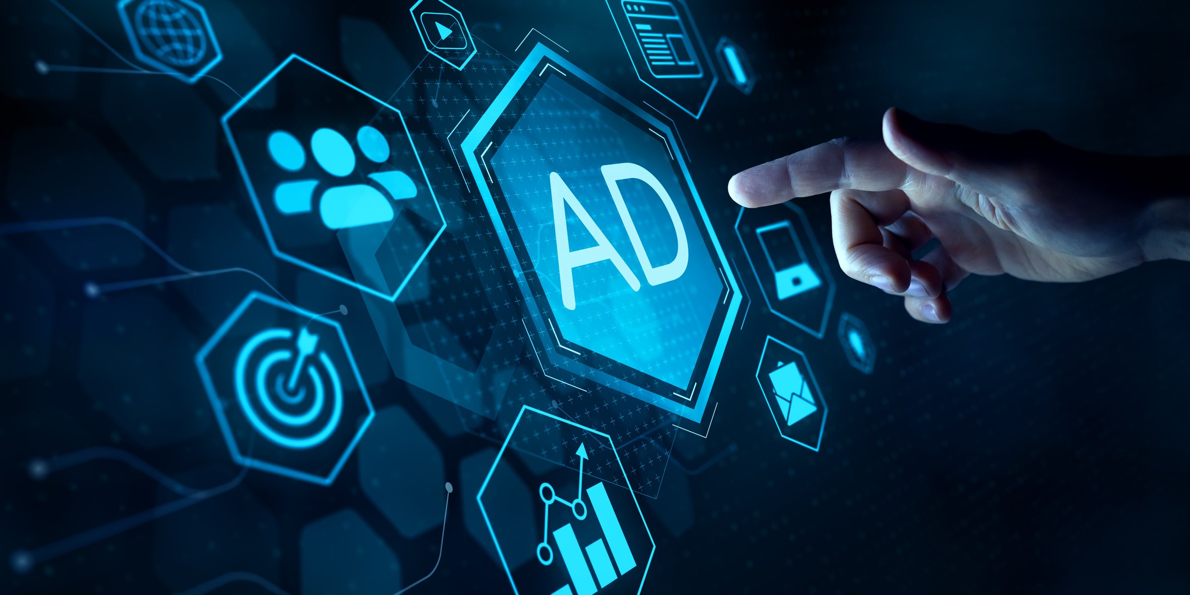 Digital advertising and marketing strategies for boosting online sales and PPC campaigns. Visualize data-driven growth with a professional businessman using technology and digital media