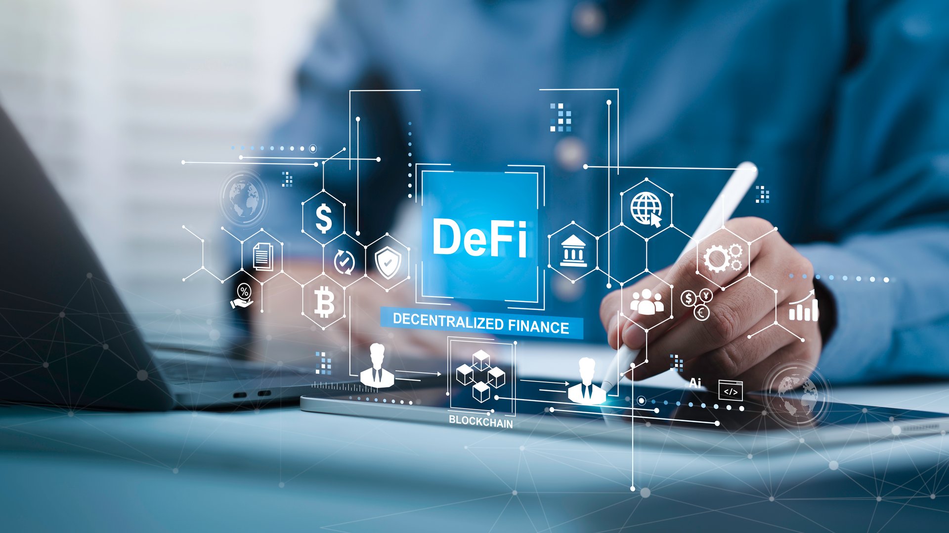 DeFi, Decentralized Finance Concept on blockchain technology. businessman using laptop for investment and banking on decentralized financial system.