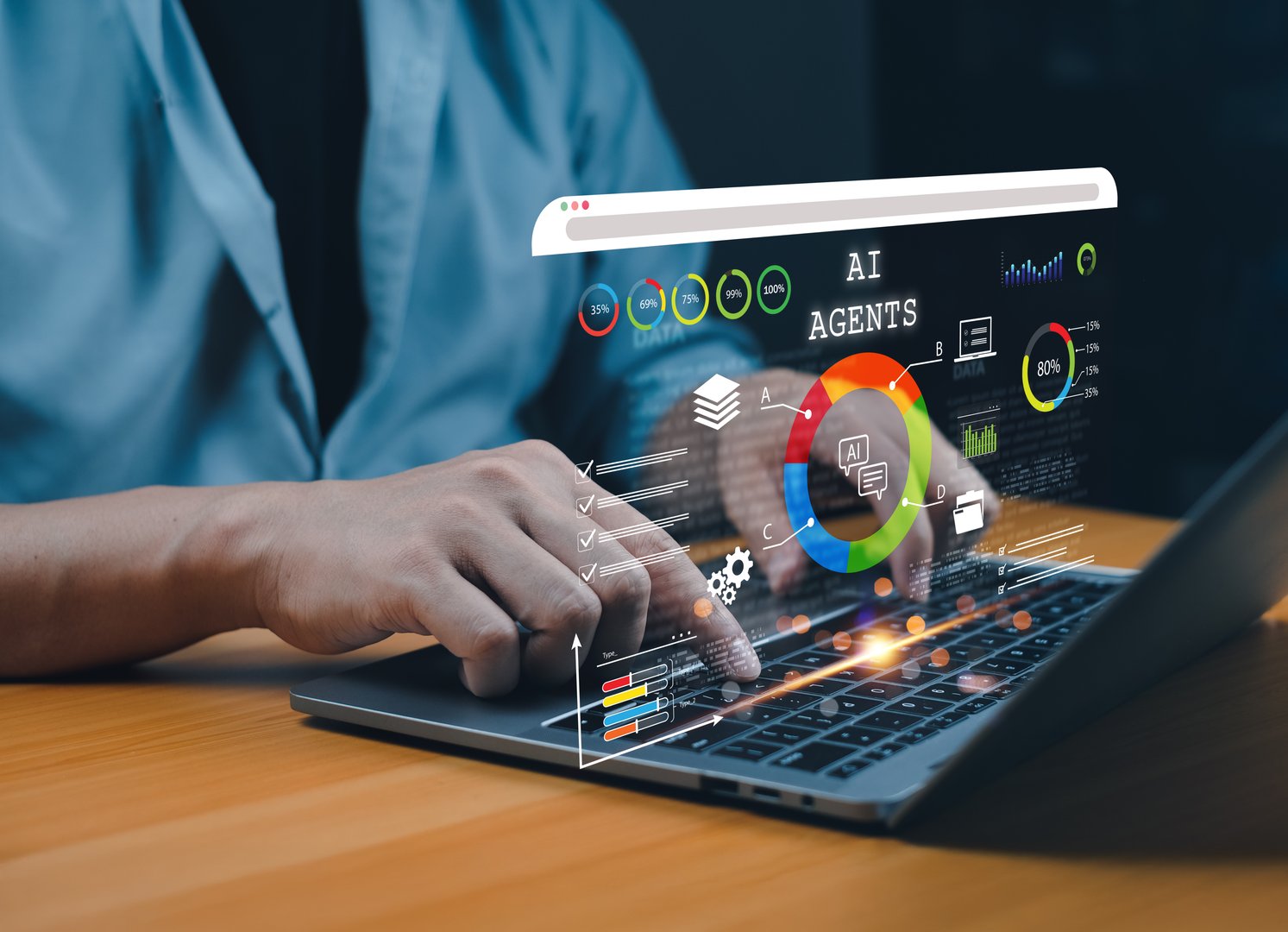 User analyzing AI agent performance data on a laptop with futuristic data interface and circular visual dashboard for business intelligence and tech development.