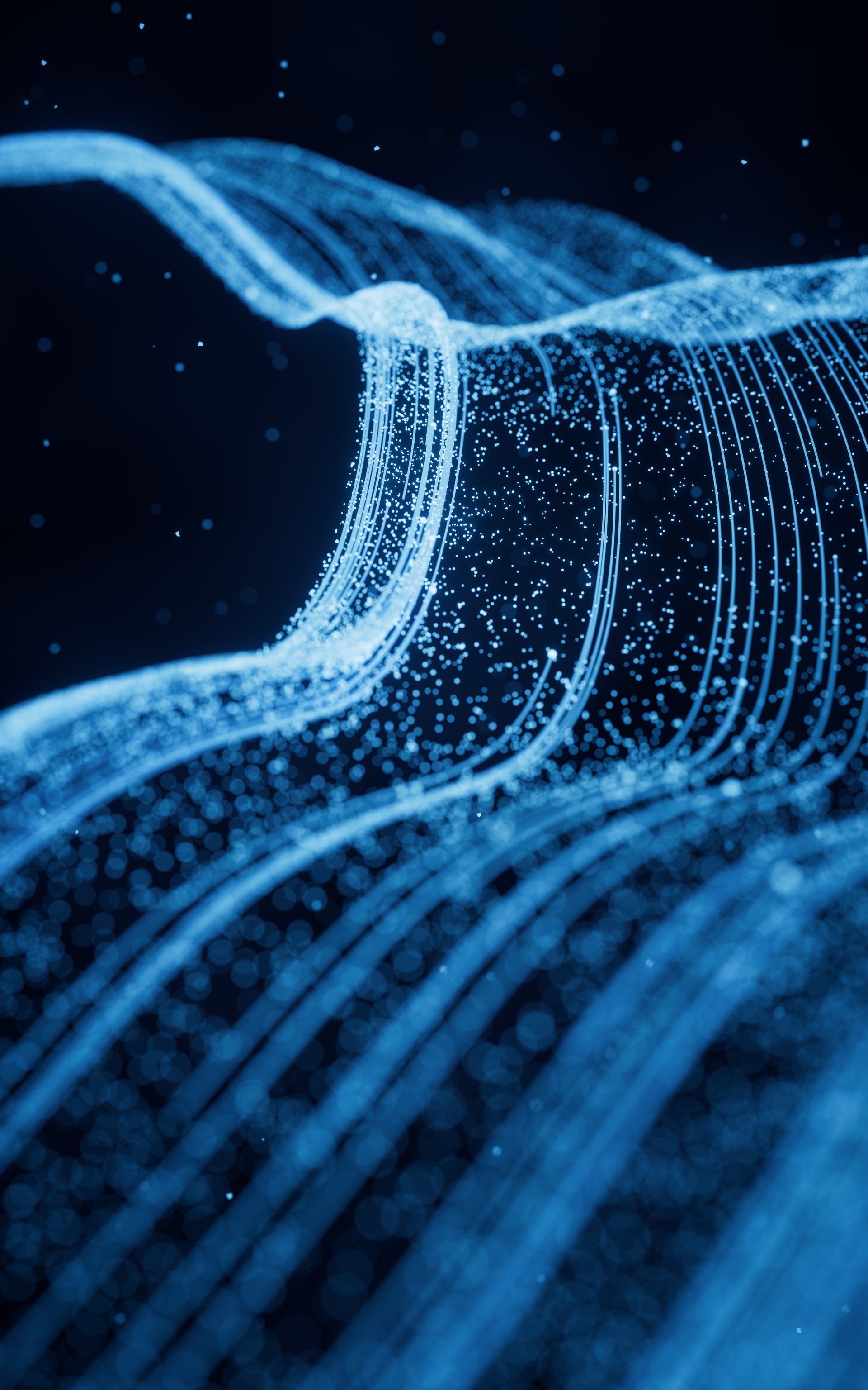 Flowing particles with glowing lines, 3d rendering. Computer digital drawing.