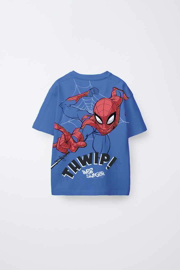 Blue T-shirt featuring a cartoon illustration of a superhero in a web-slinging pose with the text 'THWIP! Web Slinger.'