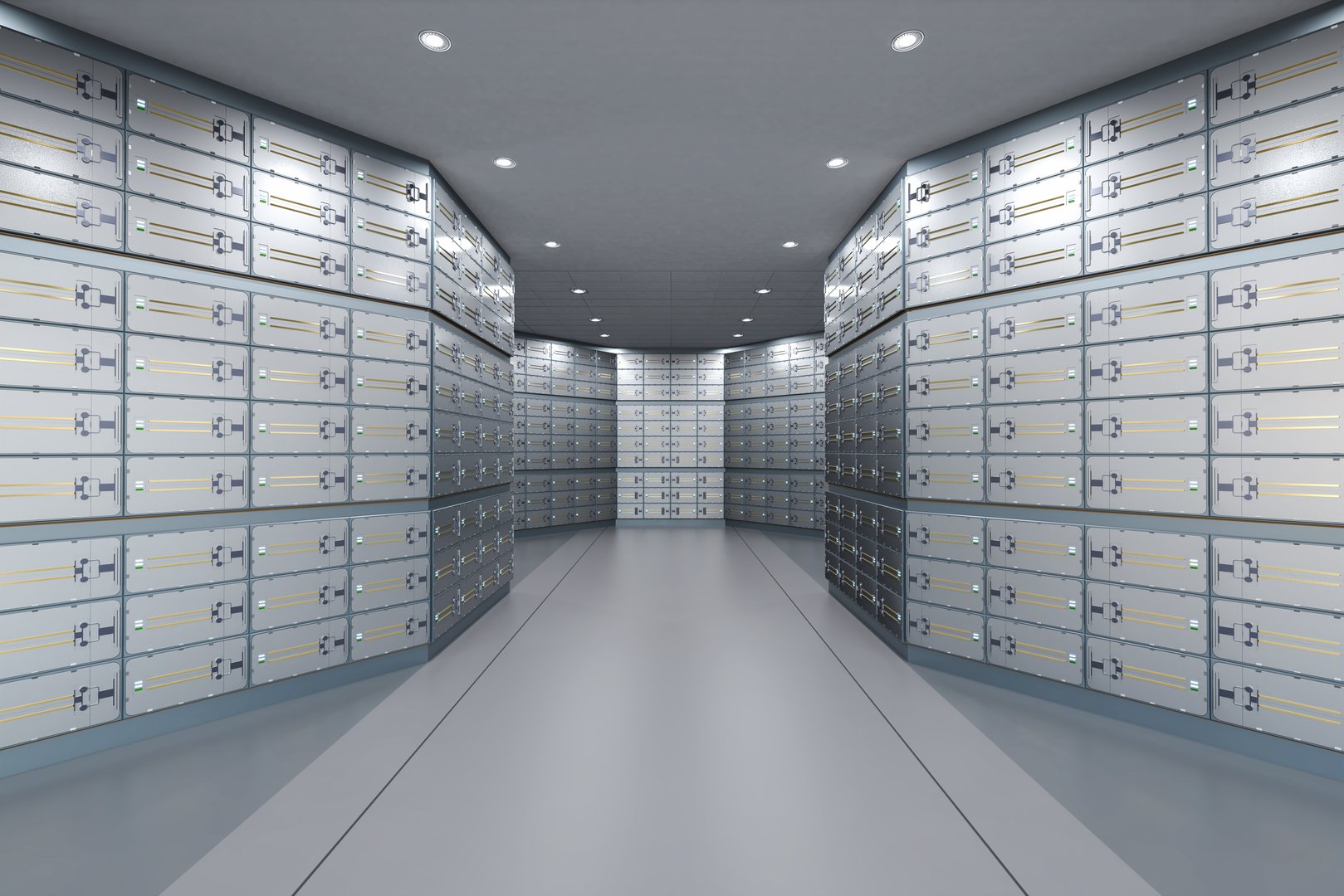3d rendering safe deposit boxes inside bank vault interior