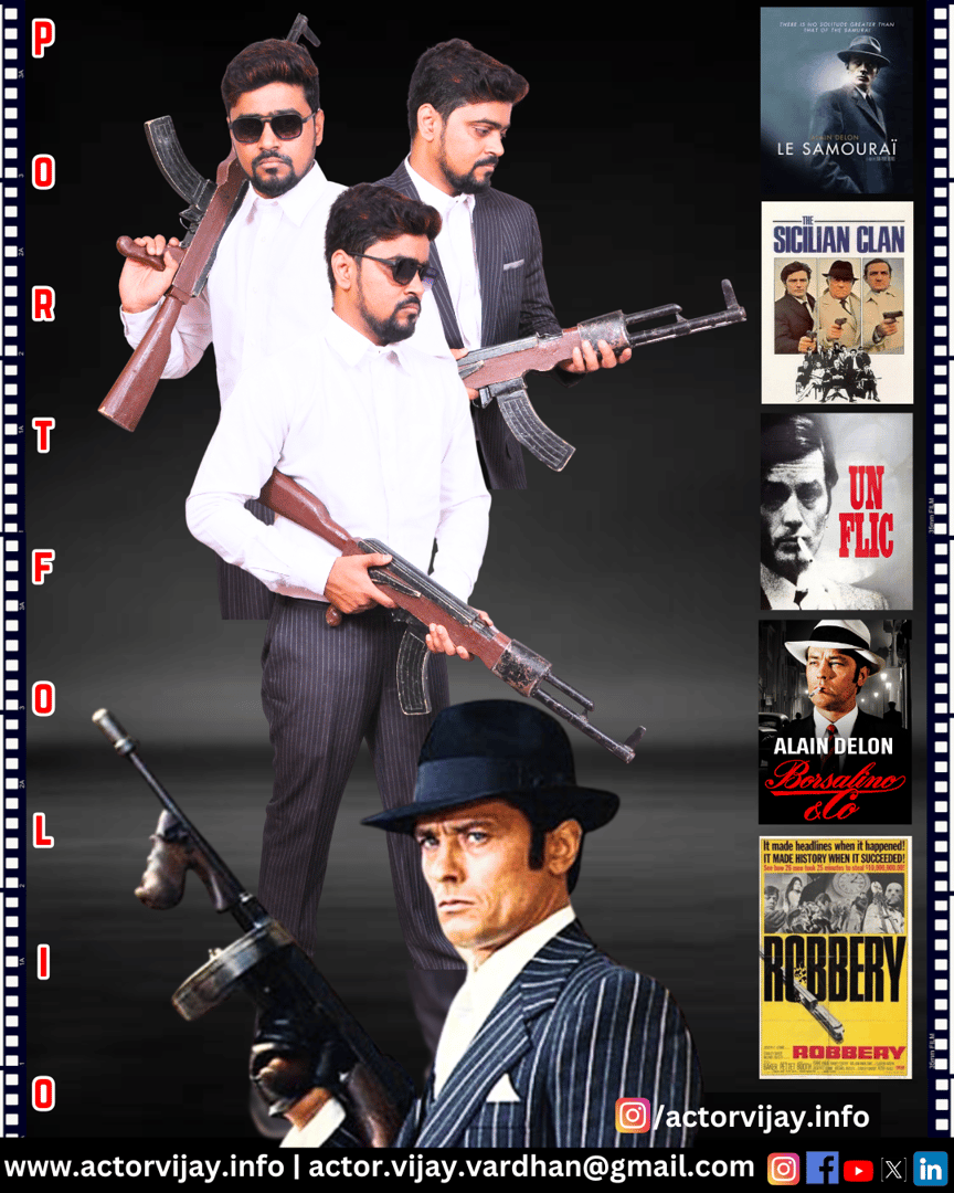 Three men in suits holding rifles, styled like 1960s crime films, next to classic movie posters and contact info banner.