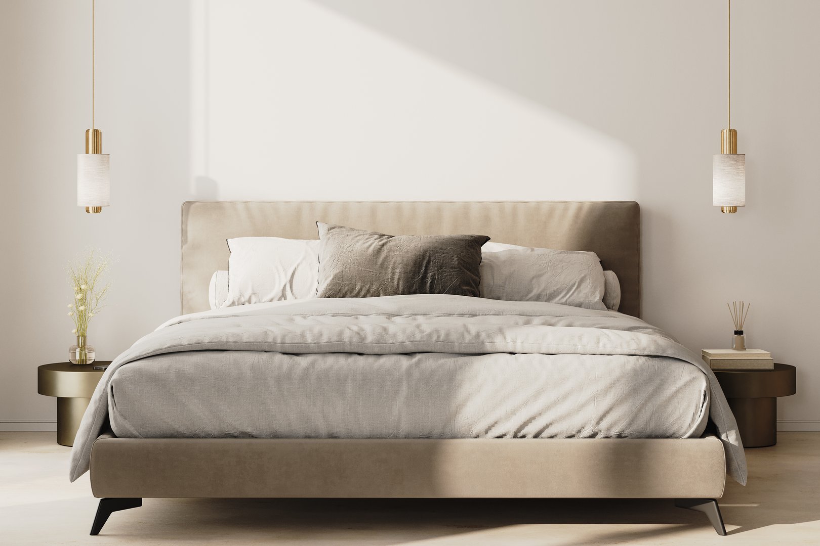 Bedroom interior, front view, empty wall mock up, 3d render