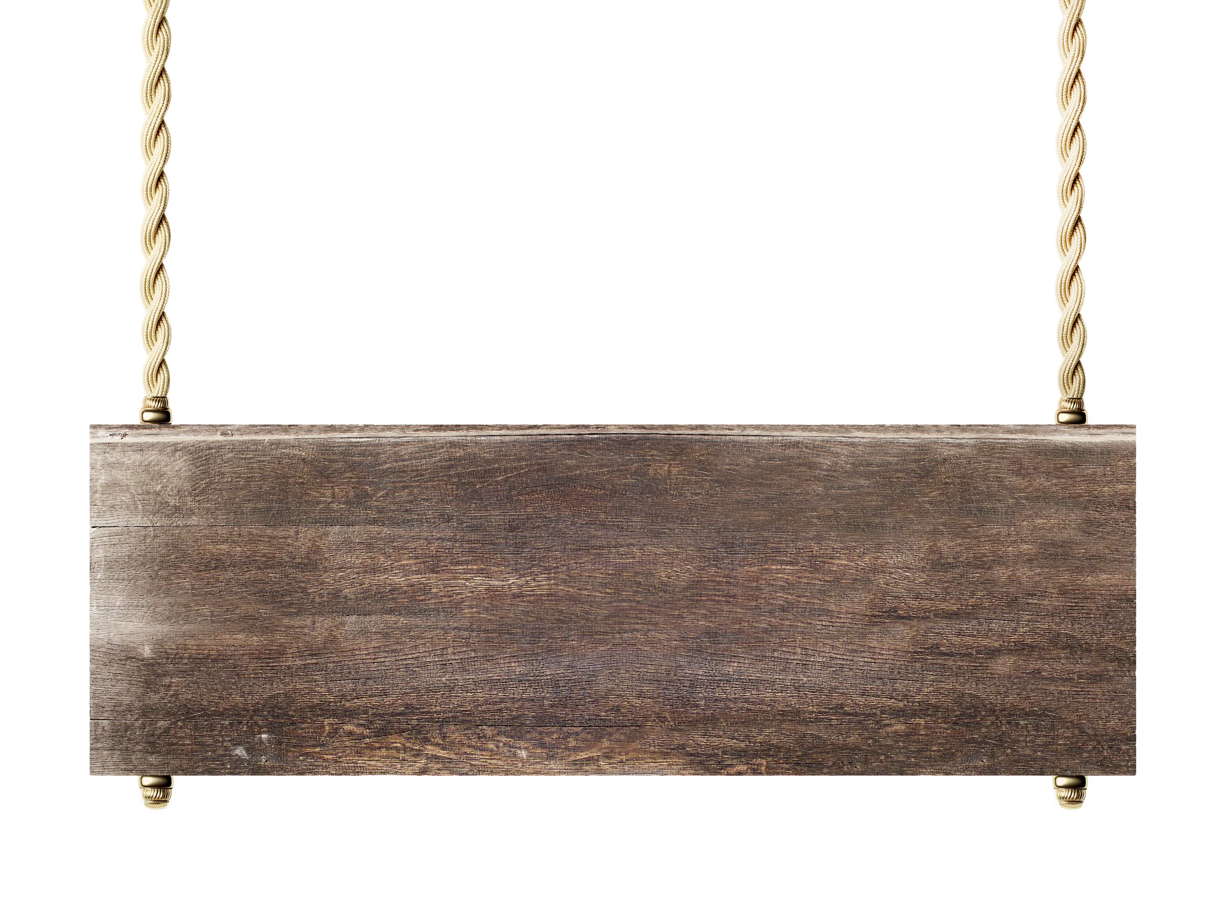 Decorative background with old board hanging on rope. Vintage wood signboard suspended on a rope. Isolated on white background. Mock up template. Copy space for text