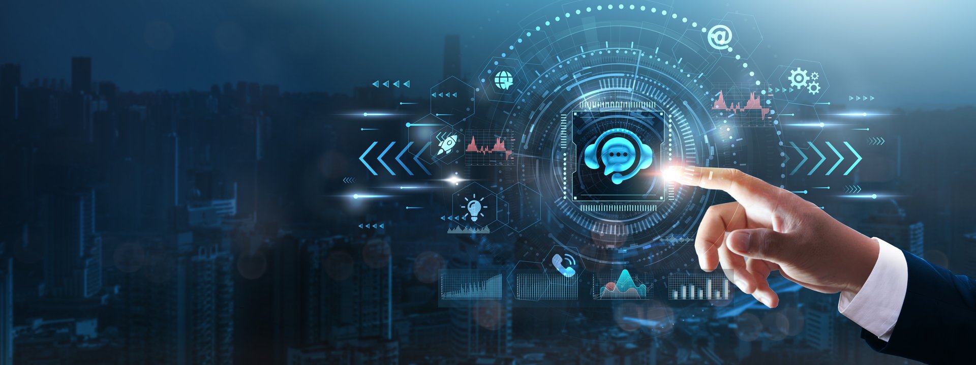 Contact Us: Businessman's hand touching futuristic technological interface, customer support, inquiries, communication, online assistance, business service, and technology concept.