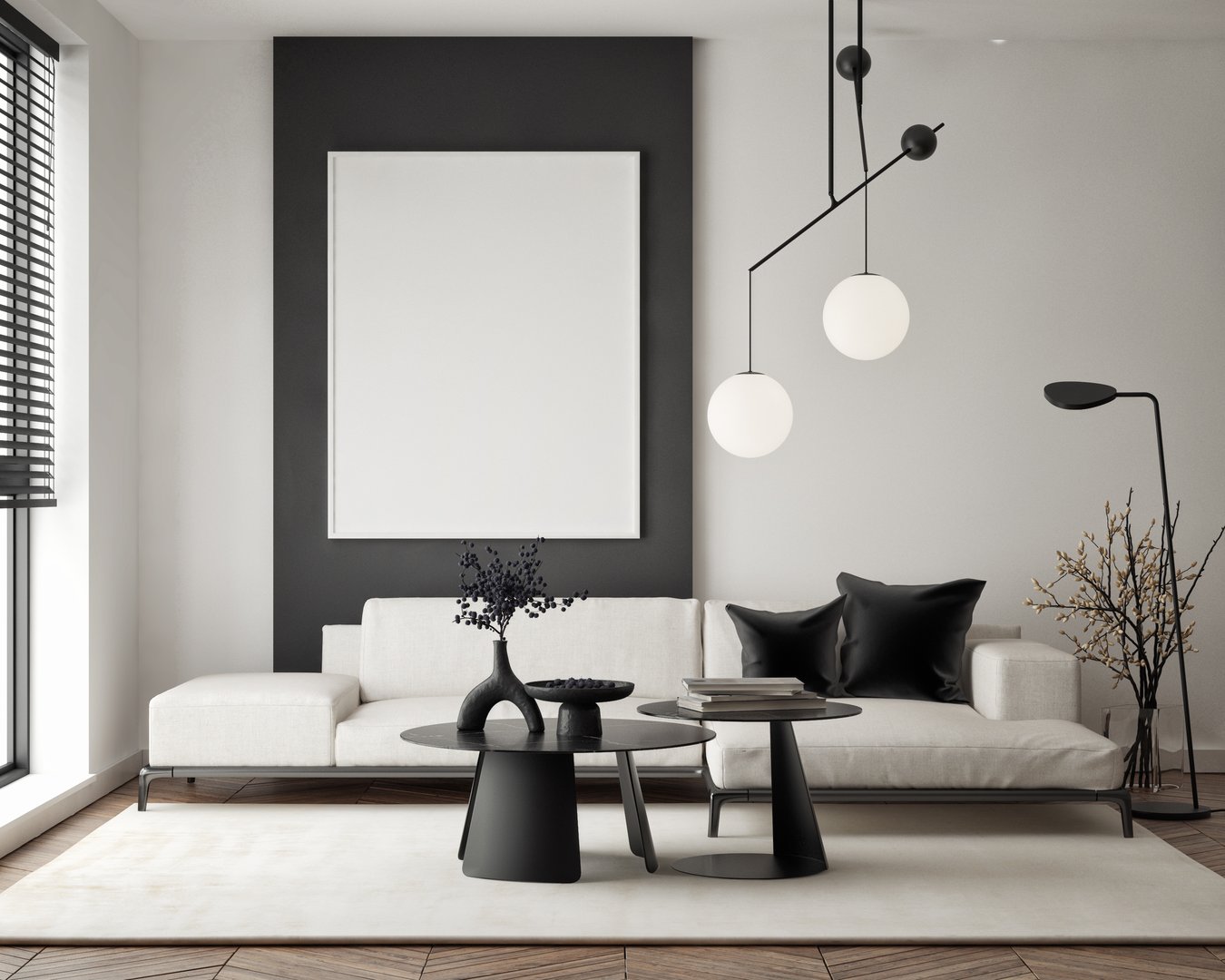 Mockup poster frame on the wall of living room. Luxurious apartment background with contemporary design. Modern interior design. 3D render, 3D illustration