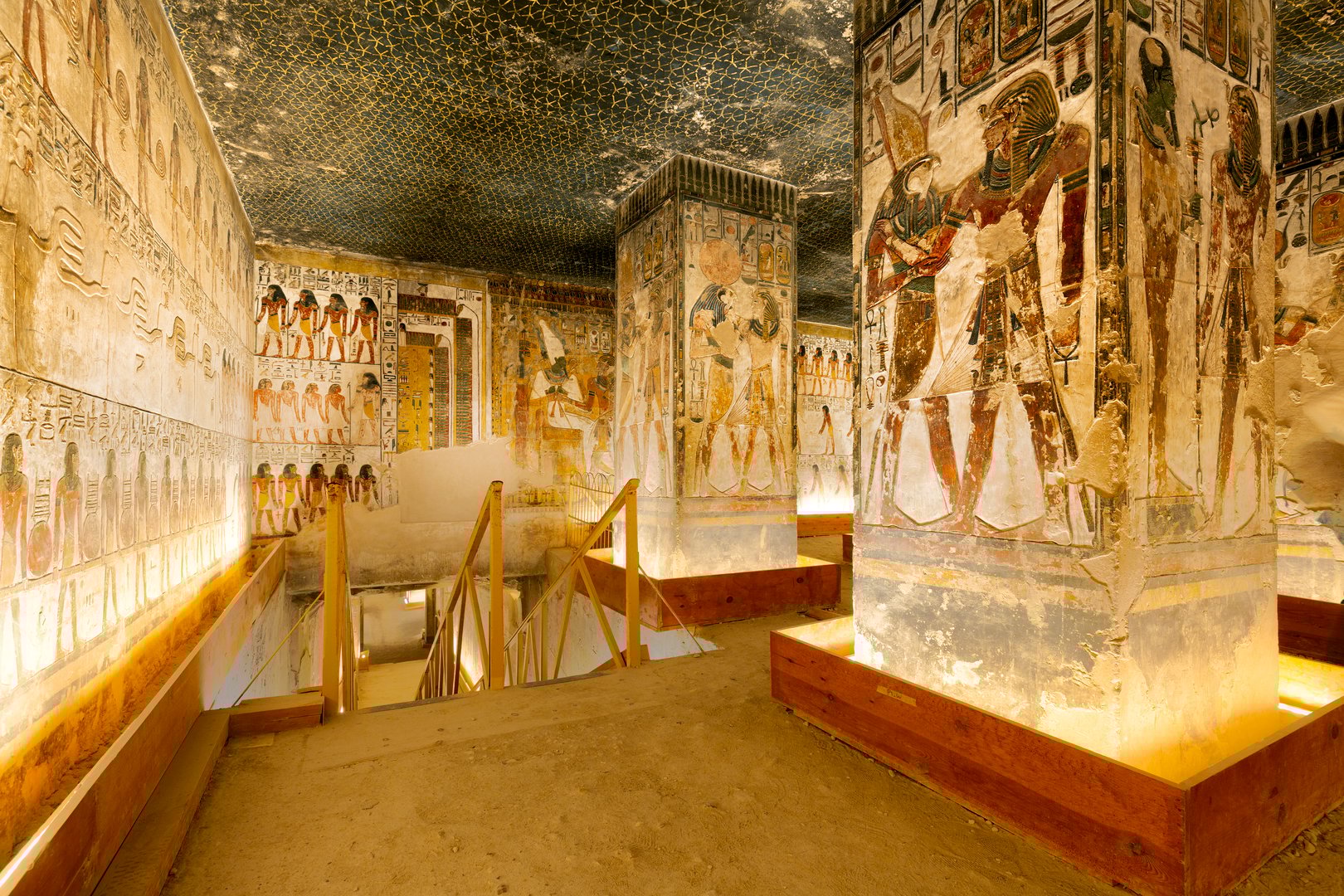 Luxor, Egypt - January 4 2025: General view of the interior of the initial chamber and staircase inside Tomb KV17, the Tomb of Seti l, in the Valley of the Kings, Luxor, Egypt