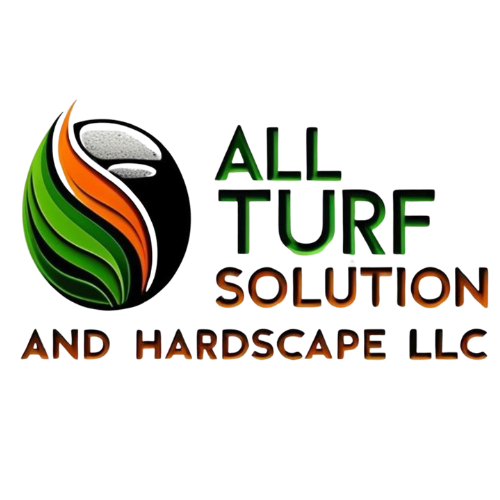 Logo for All Turf Solution and Hardscape LLC featuring stylized green and orange leaf design.