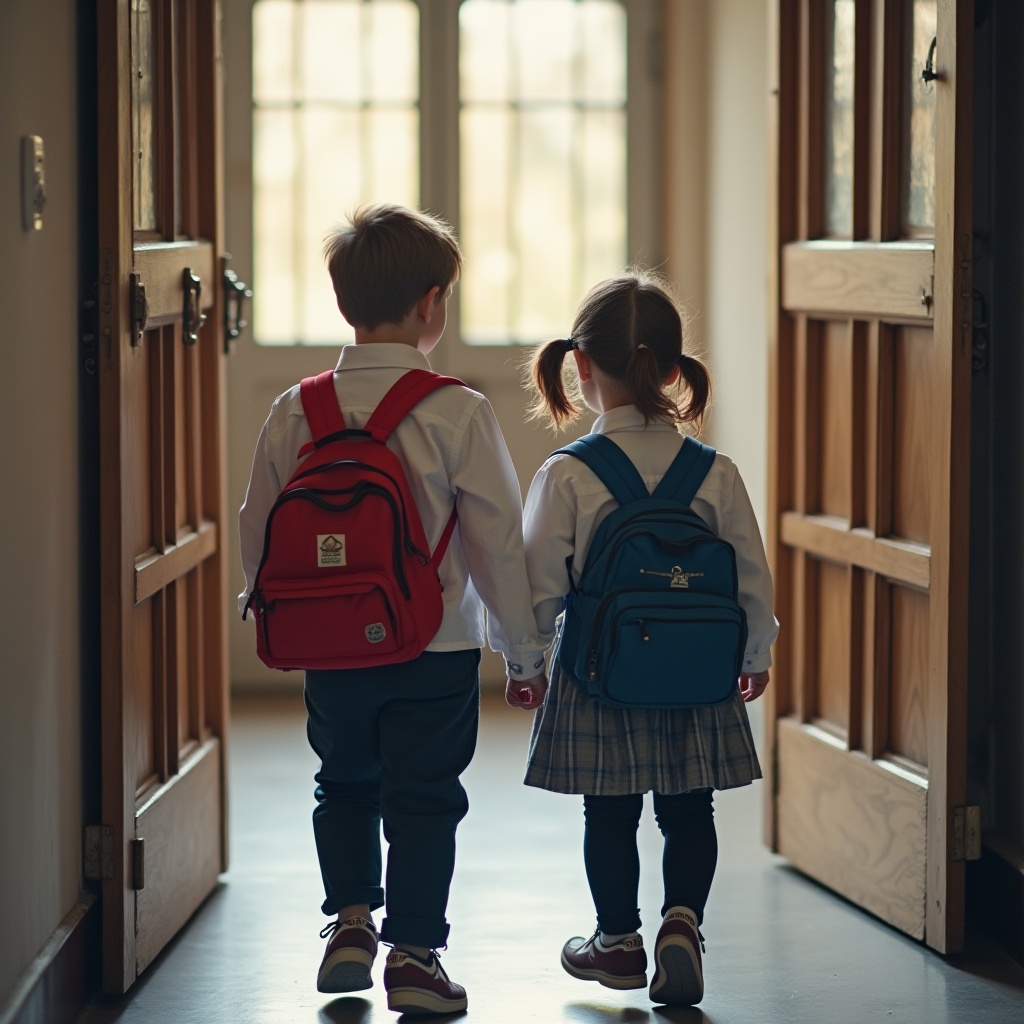 Niños en uniforme escolar entrando a la escuela