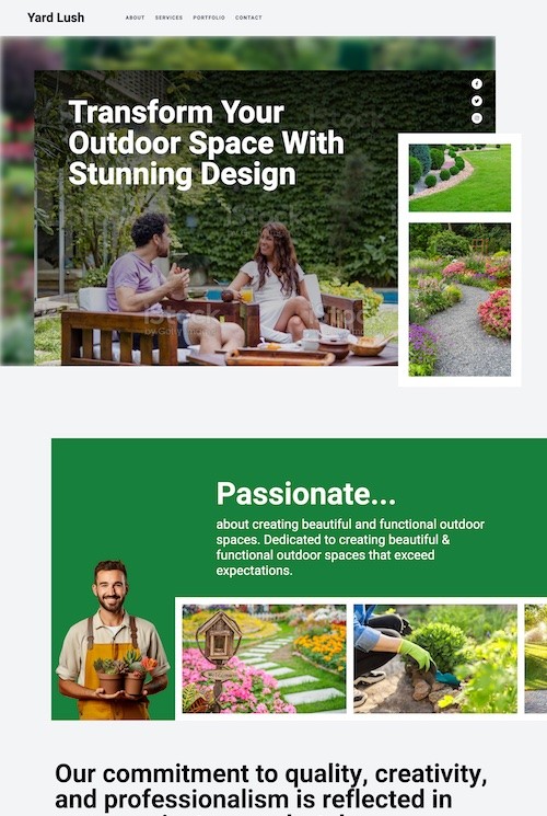 Web page promoting outdoor space design featuring a couple, garden images, and a gardener with plants.