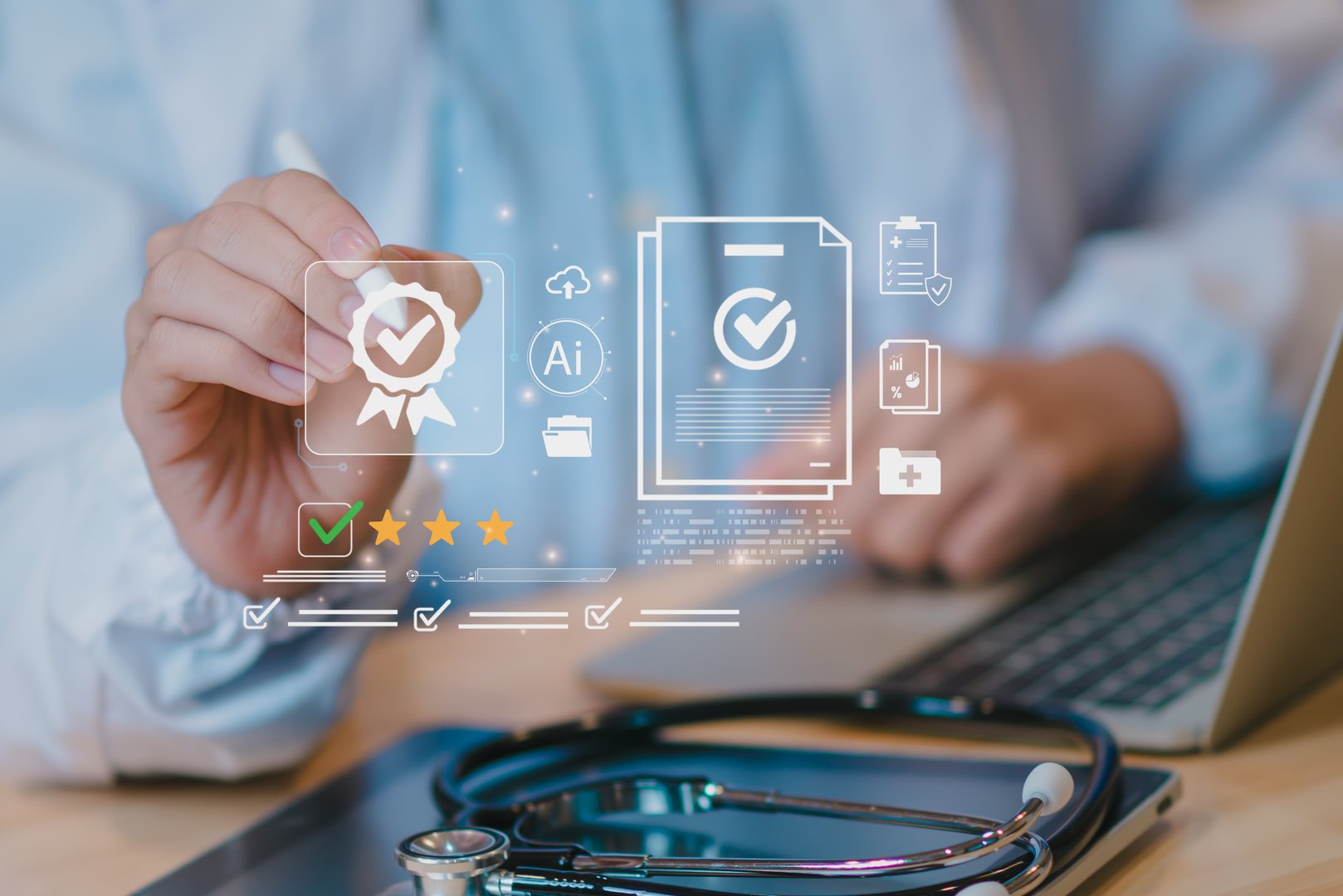 Concept healthcare quality certification AI-driven checklist medical professional write digital screen, showing stethoscope, approval icon, document, symbolizing compliance, assurance, patient safety.