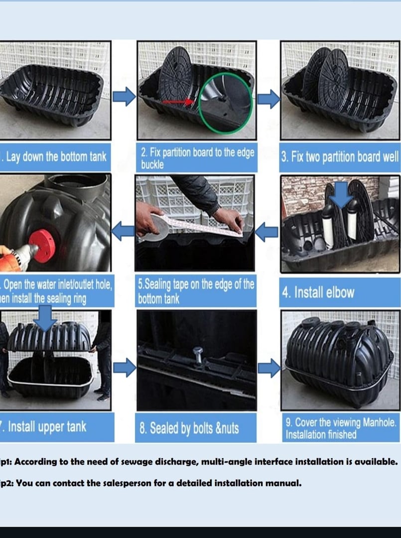 Installation steps for a water tank system with images and instructions detailing each stage from laying down to sealing.