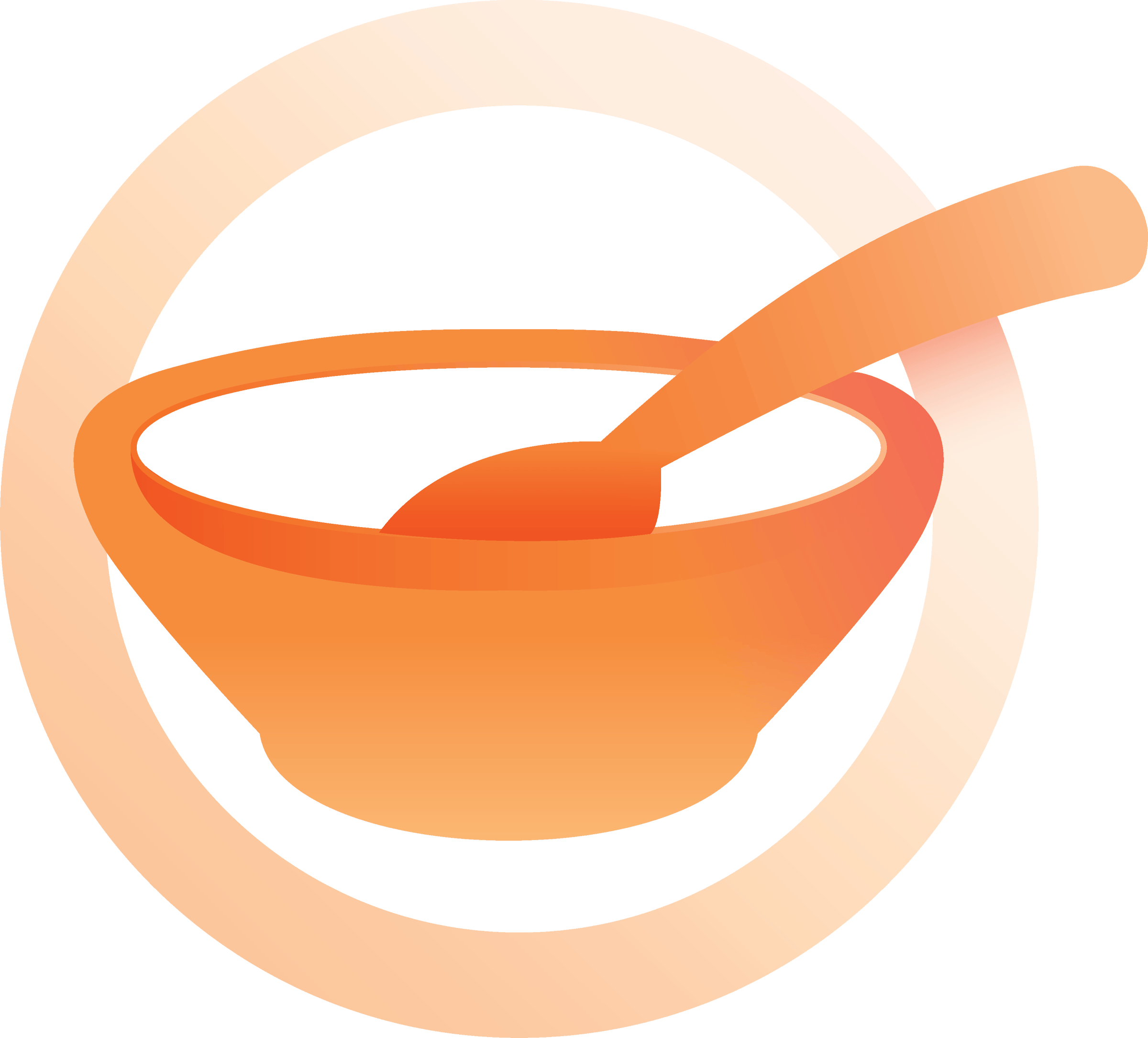 Illustration of an orange bowl with a spoon inside, set against a circular background, symbolizing food or dining.