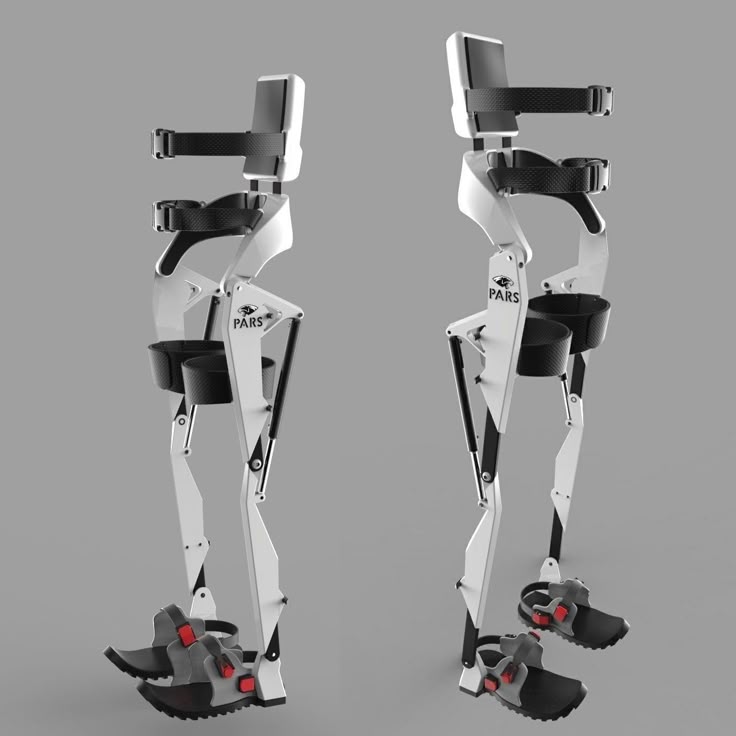 Pair of futuristic robotic leg braces with adjustable straps and mechanical joints against a gray background.