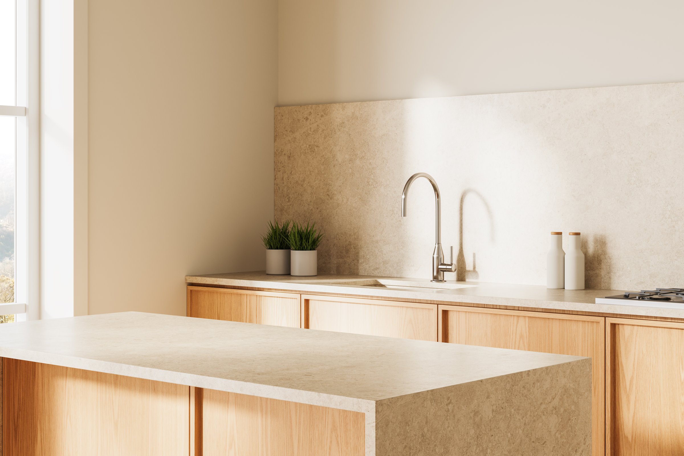 Minimalist kitchen with wooden cabinets, light stone countertops, sleek faucet, and decor on beige background. Concept of modern home design. 3D Rendering.