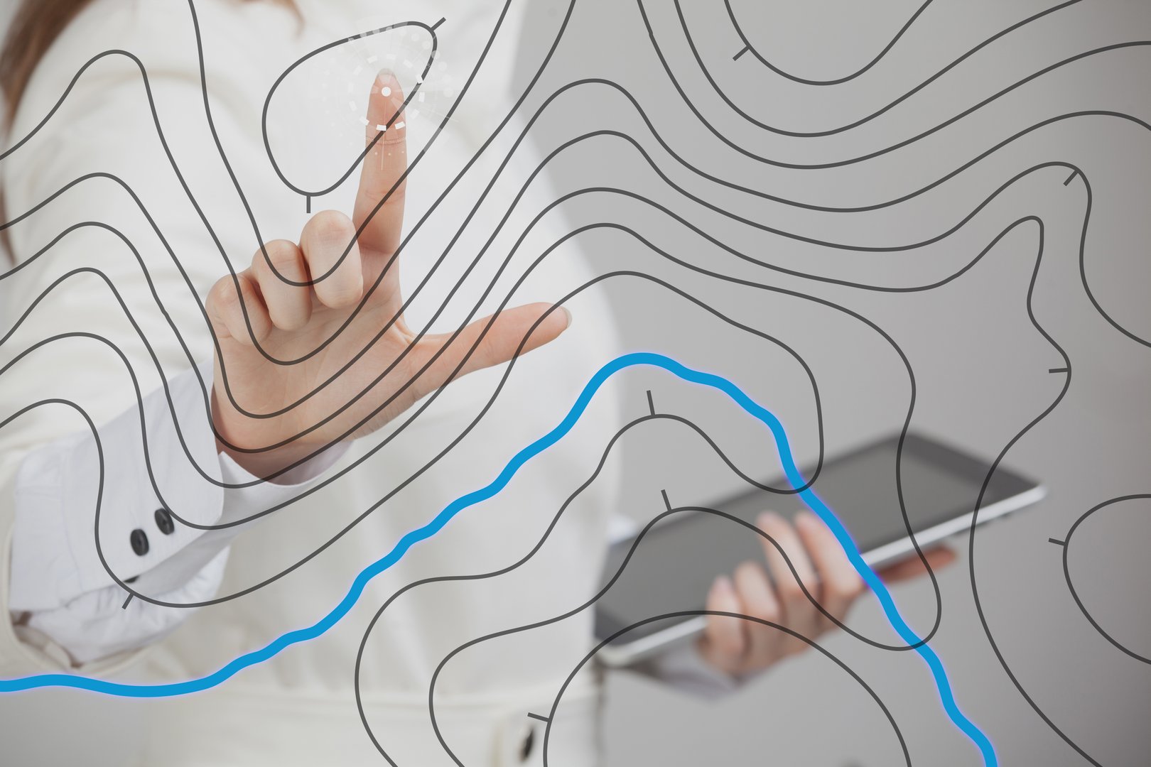 Geographic information systems concept, woman scientist working with futuristic interface in GIS software on a transparent screen.