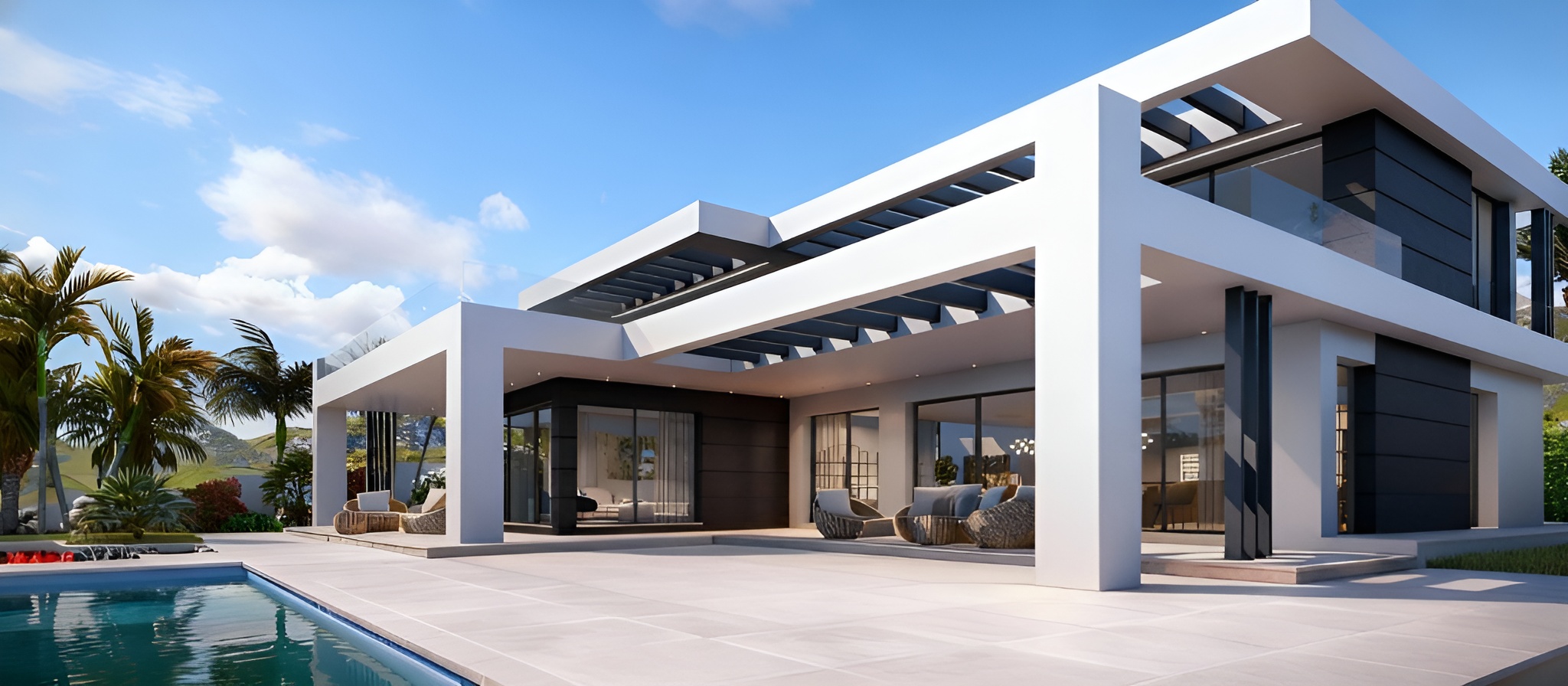 3d rendering of two-story house with parking and pool for sale or rent with concrete facade and beautiful landscaping. Clear summer night with many stars on the sky