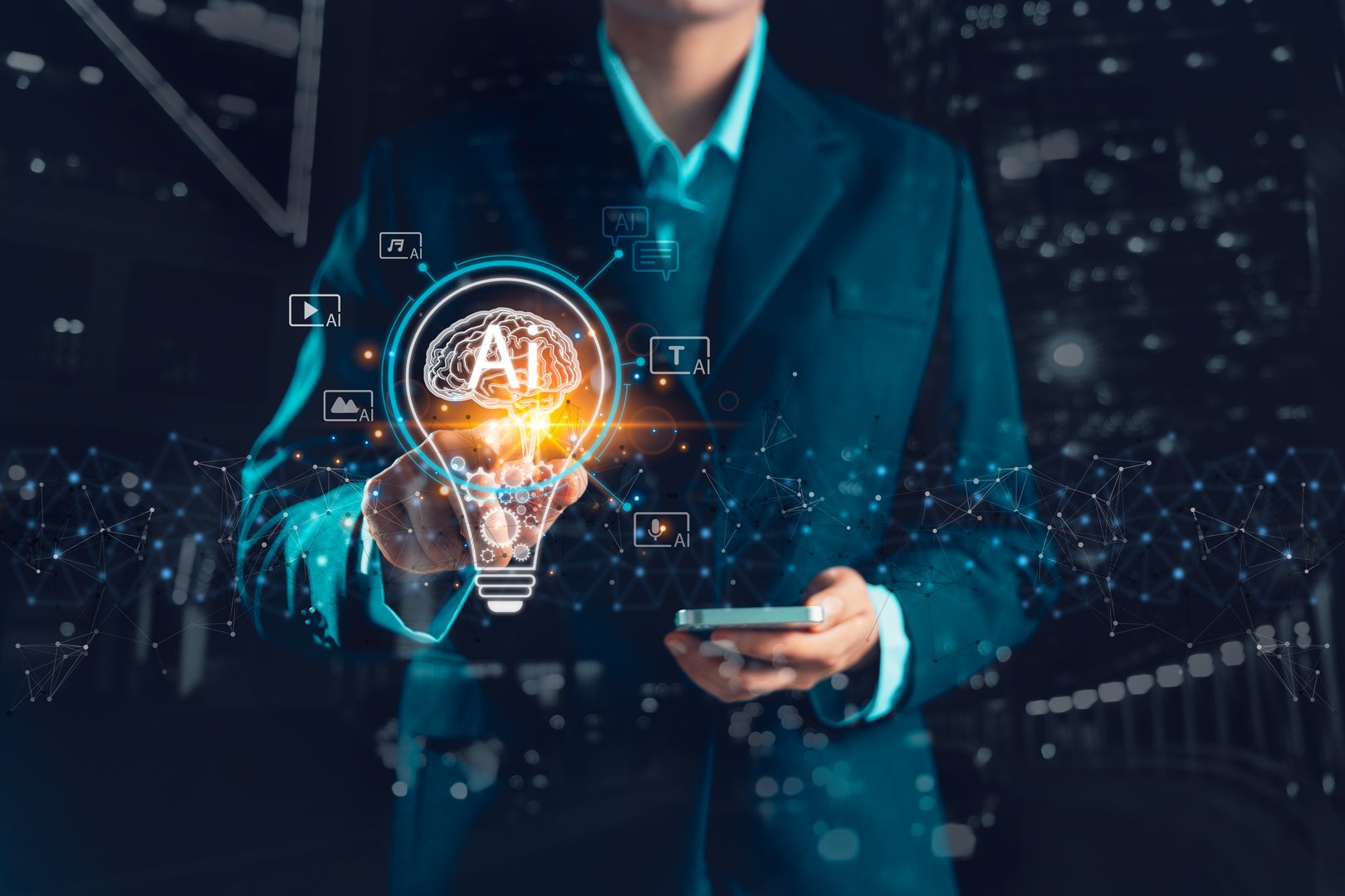 Businesswoman embraces the AI creative innovation concept, with a light bulb symbolizing artificial intelligence powering the modern digital generation of text, image, video, and audio content.
