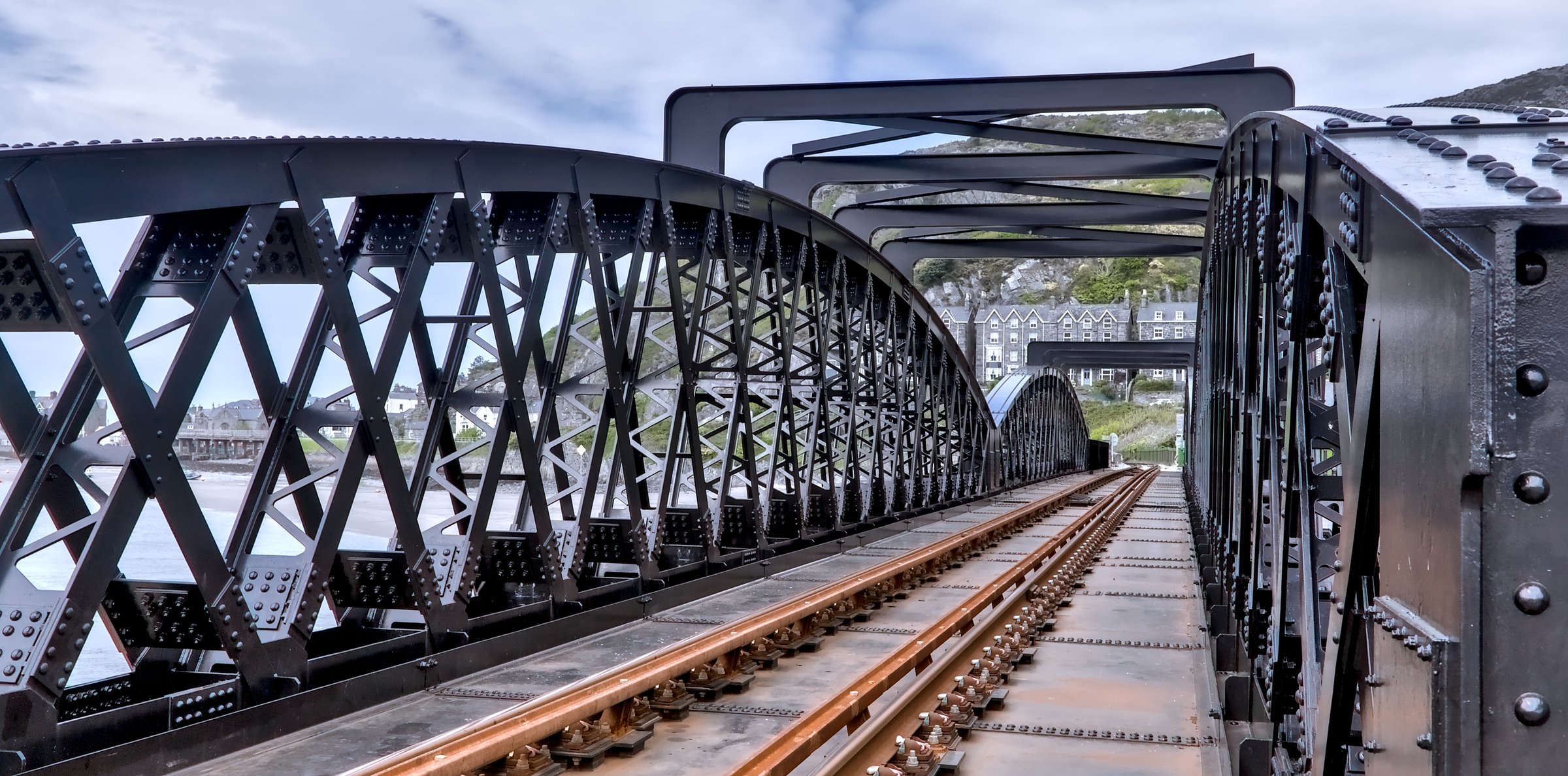 Barmouth Railway Bridge Rails Close Up, Pont Abermaw Viaduct, Estuary, Gwynedd, Wales, United Kingdom, UK