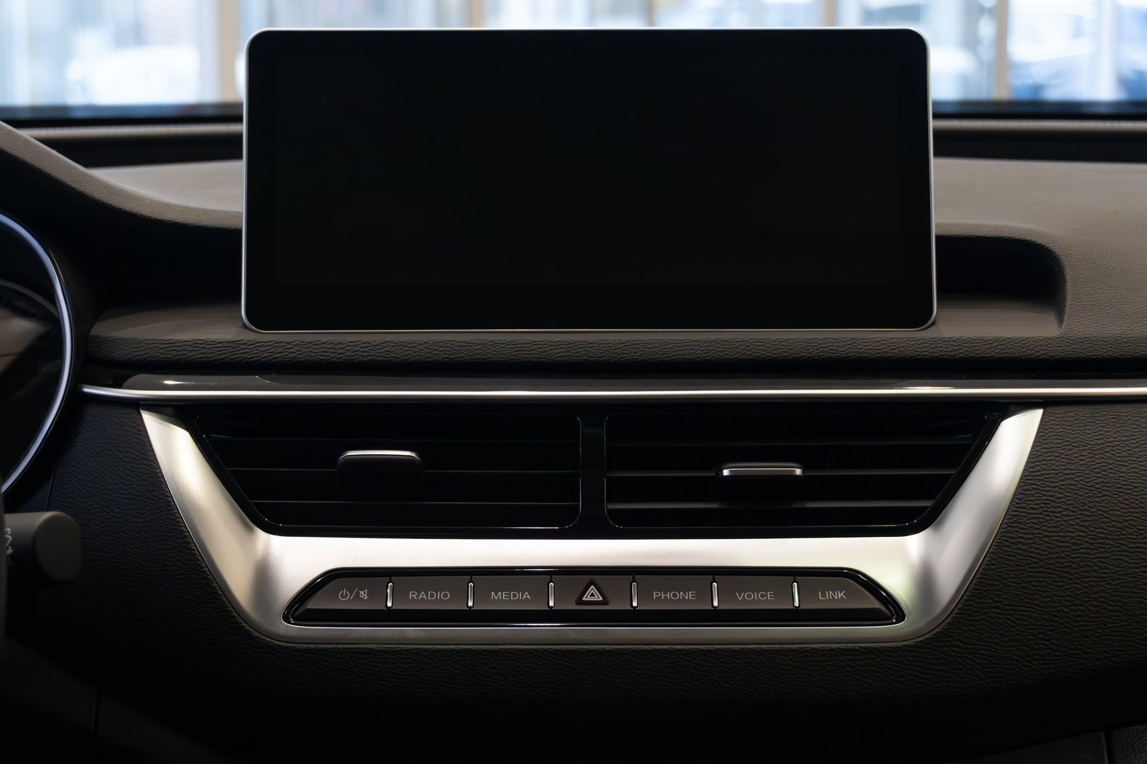 Car interior background. Multimedia touchscreen system in a modern luxury car