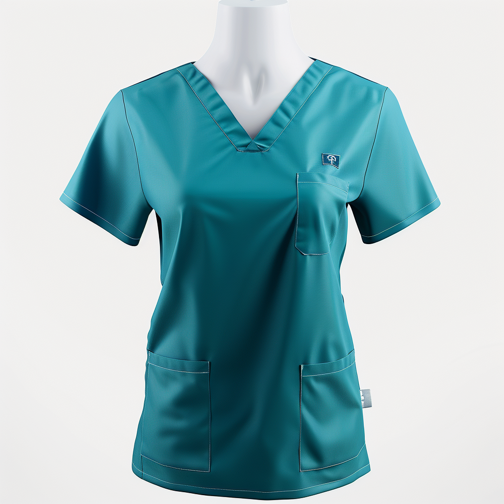 A teal medical scrub top with a V-neck and short sleeves, featuring three pockets on a white mannequin bust.