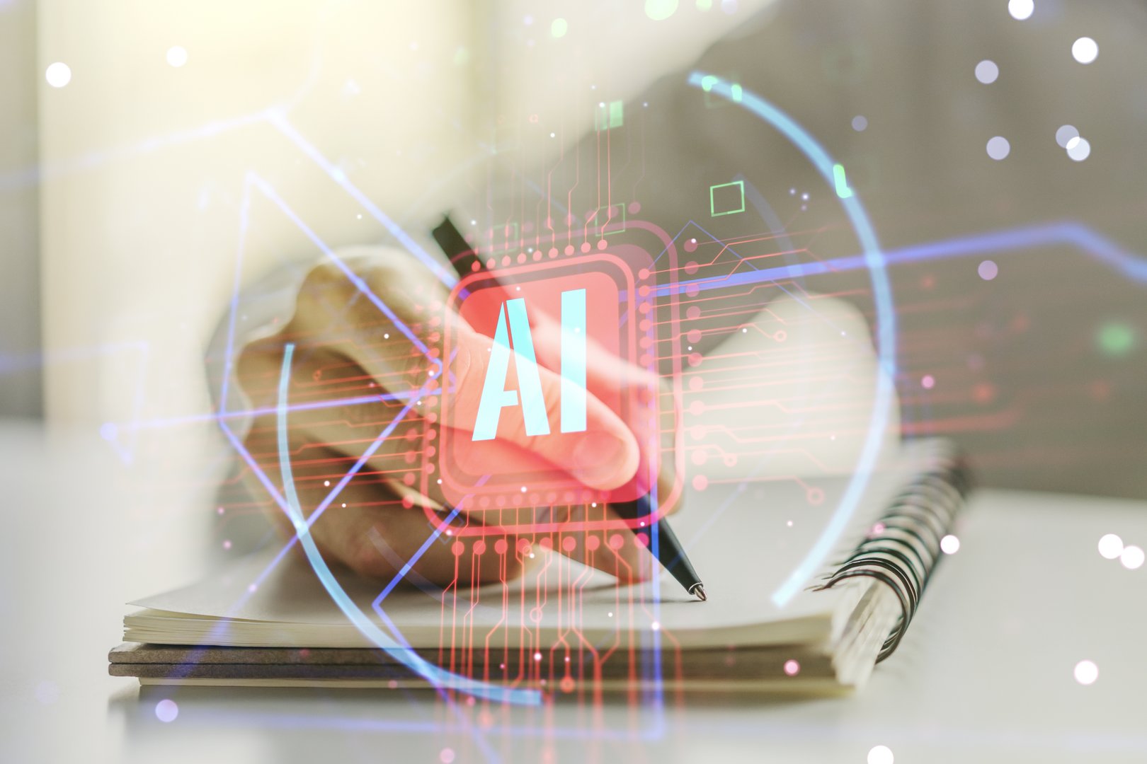 Double exposure of creative artificial Intelligence abbreviation with man hand writing in notepad on background. Future technology and AI concept