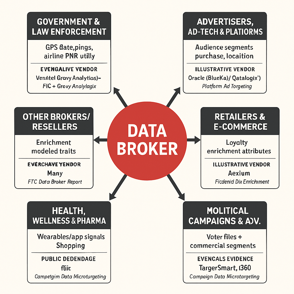 Data flow infographic showing how personal data moves from collection sources through data brokers to various buyers including government agencies, advertisers, financial services, and other organizations