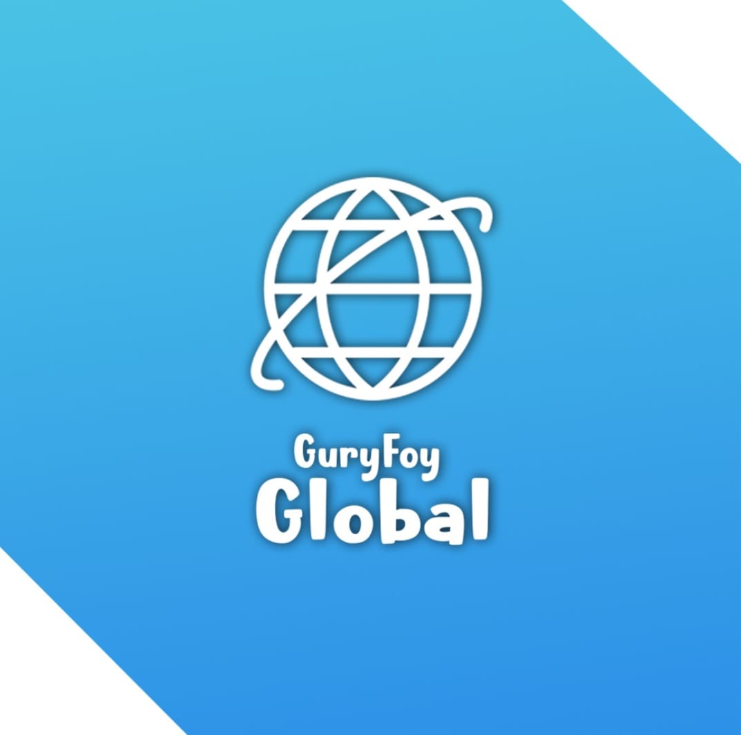 Logo with a globe icon and "GuryFoy Global" text on a blue gradient background.