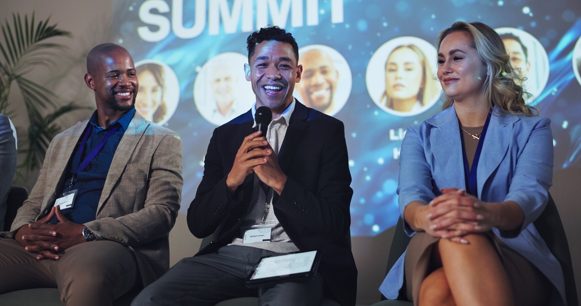 Conference, speech and keynote speaker with business people and technology for networking, industry panel and summit. Convention, stage and ai ethics with seminar for audience, event showcase or news