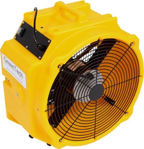 Yellow industrial ventilation fan with a black grille and handle, designed for large-scale air circulation.
